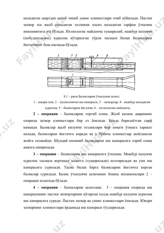 инг тубига туширилади. юкори затвор кўтарилади. вертикал тасмаси билан мажбур килувчи курилма лоток бошига сурилади ва шу билан баликлар юкори бьефга кўйиб юборилади. 7 – операция – иш камерасини бўшатиш. юкори затвор туширилади, унинг клинкетлари баликларни жалб килиш режими учун очилади. пастки затвор иш камерасини бўшашига караб кўтарилади, мажбур килувчи курилма эса баликларни йиггич лотокнинг (дастлабки холат) участкасига суриб кўйилади. баликларни ўтказувчи шлюзнинг юкорида баён килинган ишлаш схемаси дон дарёси кочетовский гидроузеллида, ними бевосита кузатишлар олиб борган жараёнида кабул килинган. гидроузел 1972 йилдан буён эксплуатация килиб келинади ва унда баликларни ўтказувчи иншоотларнинг энг самаралиси курилган. бу иншоот оркали ок балик, осётр, севрюга, стерлядь, карп, лещ, судак, сельдь, чехонь ва бошка бир неча хилдаги баликлар ўтказилади. шунингдек гидроузелда баликларни йигувчи ва транспортировка киладиган сузувчи курилма (8.2 – расм) мавжуд, у ўзи юрар контейнер ва сузувчи баликларни йиггичдан ташкил топган. ўзи юрар контейнер эксплуатация пайтида баликларни йиггичнинг юкори томонидан кўйилади. сузувчи курилманинг …