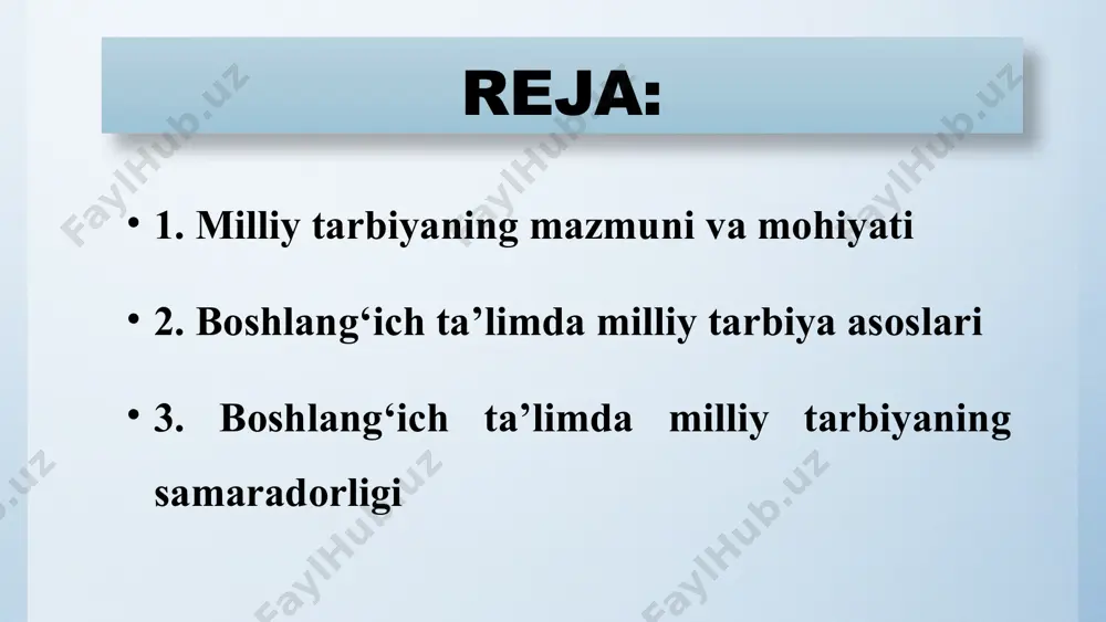 an boshlang‘ich ta’limda milliy tarbiyani tashkil etishning o‘ziga xos xususiyatlari quyidagilar bilan belgilanadi: - boshlang‘ich sinf o‘quvchilariga (7-11 yoshli shaxslarga) dastlabki bosqichda milliy tarbiya berish; - boshlang‘ich sinf o‘quvchilarining milliy ruhi, milliy ongi va milliy axloqini milliy g‘oyaning insonparvarlik, ezgulik hamda bunyodkorlik g‘oyalari asosida shakllantirish; - boshlang‘ich sinf o‘quvchilarini dastlabki bosqichda milliy, ma’naviy va umuminsoniy qadriyatlar bilan tanishtirish; - boshlang‘ich sinf o‘quvchilarini keyingi bosqichda amalga oshiriladigan milliy tarbiya jarayoniga tayyorlash. o‘zbekiston respublikasi prezidenti shavkat mirziyoyev “insonparvarlik, ezgulik va bunyodkorlik – milliy g‘oyamizning poydevoridir” kitobida milliy g‘oyaga asoslangan milliy tarbiyaning quyidagi asoslarini ta’kidlab ko‘rsatadi: fikr tarbiyasi; milliy qadriyatlar tarbiyasi; umuminsoniy qadriyatlar tarbiyasi. bu metodologiya boshlang‘ich ta’limda milliy tarbiyani amalga oshirish asoslarini tashkil etadi. unga ko‘ra, milliy tarbiya quyidagi asoslarda amalga oshiriladi: boshlang‘ich sinf o‘quvchilarini mustaqil fikrlash ko‘nikmasini shakllantirish, bunda milliy g‘oyamizning ezgulik g‘oyasi va uning exgu niyat, ezgu fikr hamda ezgu amal tamoyillariga asoslaniladi; boshlang‘ich sinf o‘quvchilarini milliy qadriyatlar asosida voyaga …