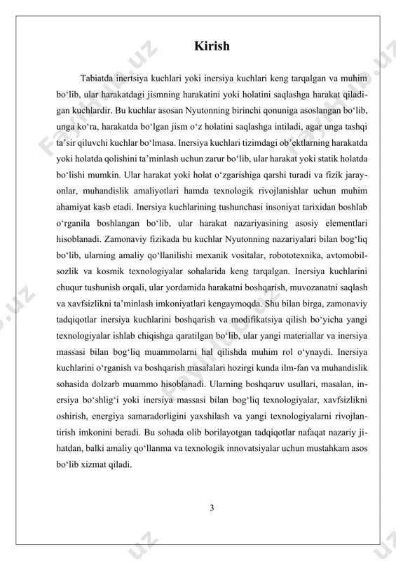 yengil to‘p orasidagi farq bilan oson tushuniladi: og‘ir to‘pni harakatga keltirish yoki to‘xtatish yengil to‘pga qaraganda ko‘proq kuch talab qiladi. inersiya kuchlari, shuningdek, harakatda bo‘lgan jismning harakat yo‘nalishini va tezligini o‘zgartirish uchun qo‘llaniladigan kuchlarni anglatadi. inersiya kuchlarining matematik modeli, asosan, nyutonning ikkinchi qonuni bilan bog‘liq bo‘lib, u kuch va massaning taqsimotini ifodalaydi. bu modelga ko‘ra, jismga ta'sir qiladigan umumiy kuchlar yig‘indisi uning massasi bilan ko‘paytirilganda, jismning harakat o‘zgarishi yoki tezlanishini keltirib chiqaradi. shuningdek, inersiya kuchlari, harakatdagi jism uchun, uning harakat holatini saqlashga harakat qiladigan kuchlar sifatida, kuchlar va harakat o‘rtasidagi muvozanatni ta'minlaydi. bu muvozanatni buzadigan har qanday tashqi kuchlar, inersiya kuchlarini yengib o‘tadi va natijada jism harakat yoki holatini o‘zgartiradi. inersiya kuchlarining nazariy asoslarini to‘liq tushunish uchun, ularning fizik jarayonlardagi rolini va amaliy qo‘llanilishini ham o‘rganish zarur. masalan, avtomobilning to‘xtash yoki boshqarish jarayonlarida inersiya kuchlari muhim rol o‘ynaydi. shuningdek, kosmik kema va robototexnika sohalarida, inersiya kuchlarini boshqarish va modifikatsiya qilish …