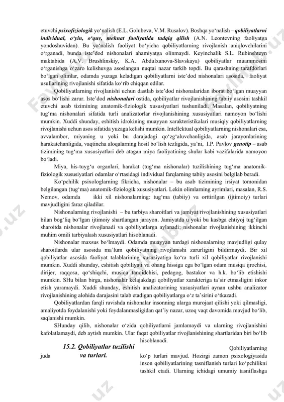 shishni ta’minlaydilarki, buning natijasida mehnatda katta yutuqlar qo‘lga kiritiladi. qobiliyatli, ammo noshut inson ko‘p narsaga erisha olmaydi. qobiliyat ko‘nikmada ro‘yobga chiqadi. darhaqiqat, qobiliyatli kishining ko‘nikma va malakalari ko‘p qirrali va mukammallashgan bo‘ladi. shuning bilan birga ko‘nikma va malalakalar etishmagan qobiliyatni bir muncha to‘ldirish yoki undagi kamchilikni tugatish mumkin. ko‘nikmalarni umumlashmasi mohirlik deb ataladi. mohirlik ham qobiliyatning o‘zginasidir. har qanday qobiliyat ham murakkab bo‘lib, u kishiga turli-tuman talablar qo‘yadi. agar shaxs xususiyatlari tizimi shu talabga javob bera olsa kishi faoliyatni muvaffaqiyat bilan amalga oshirish uchun o‘z qobiliyatliligini ko‘rsata oladi, agarda xususiyatlardan qaysi biri rivojlanmagan bo‘lsa, shaxs mehnatning muayyan turiga nisbatan ham qobiliyatli deb baholanadi. har bir qobiliyatning o‘ziga xos tuzilishi mavjud. qobiliyat tarkibida tayanch va etakchi xususiyatlarni, muayyan asosiy yoki yordamchi xususiyatlarni farq qilish lozim. barcha qobiliyatlar uchun asosiy tayanch xususiyat kuzatuvchanlik, bilish ko‘nikmasidir. bu individual narsaning o‘ziga xos tomoni, ijodiy faoliyat uchun boshlang‘ich materialni ko‘ra bilish demakdir. qobiliyatning etakchi xususiyati …