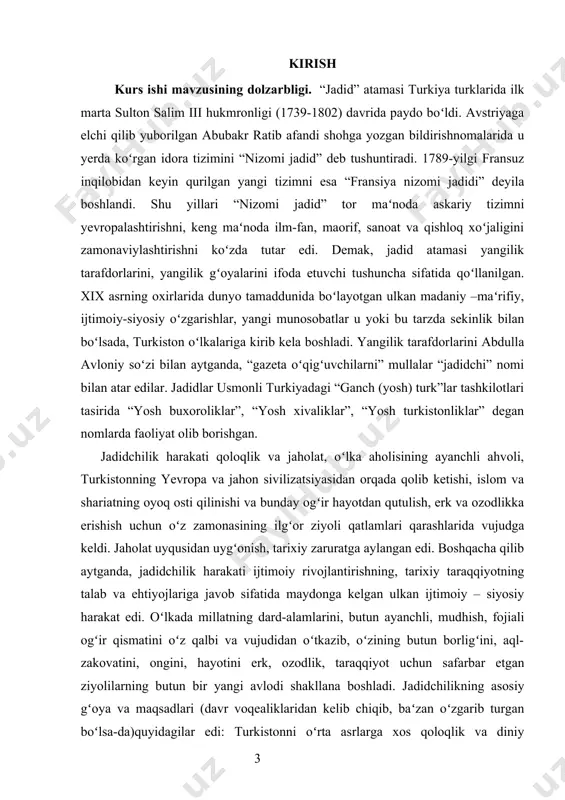 liberal, millatchilik harakati“ deb taʼrif berilgan. bu davrda asosan tanqid qilingan jadidchilik namoyandalari nomi ssri parchalanib ketganidan keyin qayta tiklandi.[footnoteref:1] [1: https://uz.wikipedia.org/wiki/jadidchilik] kelib chiqishi jadidchilik dastlab xix asrning 80-yillarida qrimda ismoilbek gasprinskiy rahbarligida qrimtatarlar oʻrtasida vujudga keldi. jadidchilik harakati namoyandalari koʻpincha oʻzlarini taraqqiyparvarlar, keyinchalik jadidlar deb atashgan. oʻsha davrning ilgʻor taraqqiyparvar kuchlari, birinchi navbatda, ziyolilar mahalliy aholining umumjahon taraqqiyotidan orqada qolayotganligini his etib, jamiyatni isloh qilish zaruriyatini tushunib yetgandilar. jadidchilik mohiyat eʼtibori bilan avvalo siyosiy harakat edi. uning shakllanish va magʻlubiyatga uchrash davrlari boʻlib, ularni shartli ravishda toʻrtga boʻlish mumkin. turkiston, buxoro va xiva hududida bu davrlar 1895-1905; 1906-1916; 1917-1920; 1921—1929-yillarni oʻz ichiga oladi. birinchi davrda turkistonda podsho rossiyasining mustahkam oʻrnashib olishi kuzatiladi. u oʻz siyosiy agentlari (vakillari) yordamida mahalliy xon va amir vakolatlarini cheklabgina qolmay, ularni qoʻgʻirchoqqa aylantirib, rus va gʻarb sarmoyadorlarining ishlashi va yashashi uchun sharoit yaratadi, turli kompaniyalar, aksiyadorlik jamiyatlari manfaatini koʻzlaydi. ayni chogʻda mahalliy aholining talab …