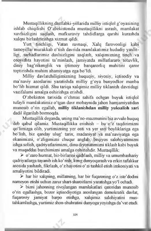 nday negizlarini tashkil etadi. 0 ‘z navbatida milliy g‘oya xalqning dunyoqarashi, tarixiy o‘zligi va milliy tarbiyasining ma’naviy manbai sifatida yosh avlod ongiga milliy va umuminsoniy qadriyatlami singdirib boradi. 323 mustaqillikning dastlabki-yillarida milliy istiqlol g‘oyasining ishlab chiqilishi 0 ‘zbekistonda mustaqillikni asrash, mamlakat xavfsizligini saqlash, mafkuraviy tahdidlarga qarshi kurashda xalqni birlashtirishga xizmat qildi. yurt tmchligi, vatan ravnaqi, xalq farovonligi kabi tamoyillar murakkab o‘tish davrida mamlakatimiz hududiy yaxlit- ligi, sarhadlarimiz daxlsizligini saqlash, xalqimizning tinch va osoyishta hayotini ta’minlash, jamiyatda millatlararo totuvlik, diniy bag‘rikenglik va ijtimoiy barqarorliq muhitini qaror toptirishda muhim ahamiyatga ega boidi. milliy davlatchiligimizning huquqiy, siyosiy, iqtisodiy va ma’naviy asoslarini yaratishda milliy g‘oya bunyodkor manba bo iib hizmat qildi. shu tariqa xalqimiz milliy tiklanish davridagi vazifalami amalga oshirishga erishdi. 0 ‘zbekiston tarixida o‘chmas sahifa ochgan buyuk istiqlol tufayli mamlakatimiz o‘tgan davr mobaynida jahon hamjamiyatidan munosib o‘rin egallab, milliy tiklanishdan milliy yuksalish sari dadil ilgarilab bormoqda. mustaqillik deganda, uning ma’no-mazmunini biz awalo huquq …