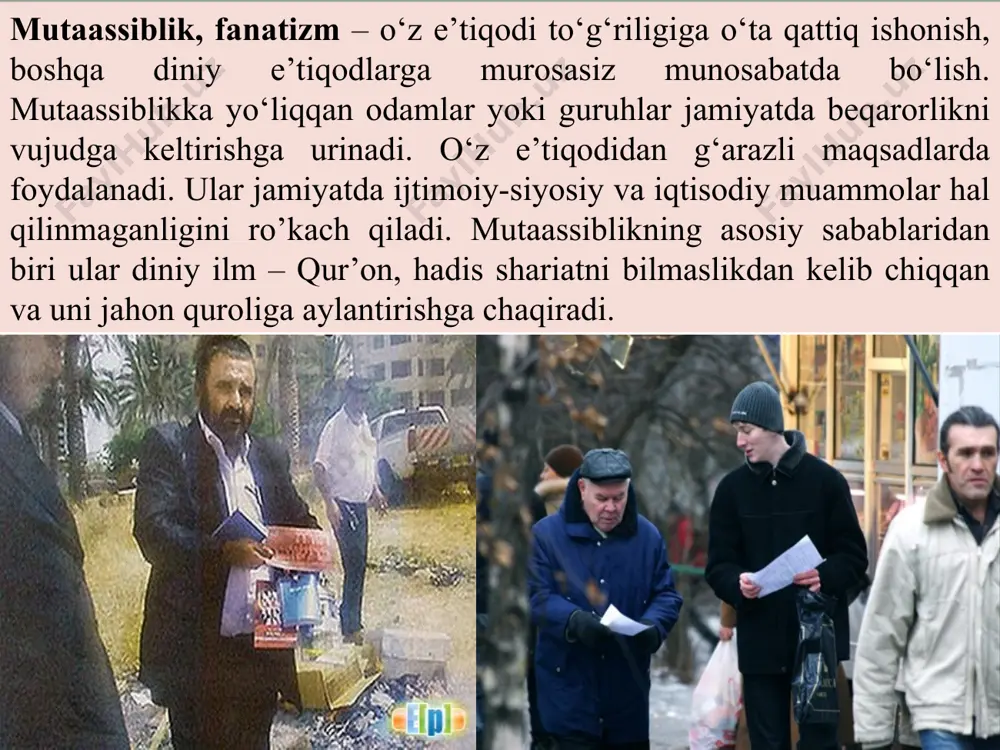 urf-odatlardan voz kechish, boshqa dinlarga murosasiz bo’lish kerak. aziz-avliyolarni, marhumlar qabrini ziyorat qilishni rad etadi, ayollar yuzini ochib yurishga qarshi, erkaklar bilan teng huquqini rad etish kabi. diniy ekstremizm – afg’oniston, jazoir, yaqin sharq, iroq va shom islom davlatida faoliyat ko’rsatib terrorchilik amallari oqibatida minglab begunoh kishilar halok bo’lmoqda. 1999 yil 16 fevralda toshkentda, keyinchalik toshkent viloyati yangiobod shahri yaqinida, surxondaryo viloyati (2000 yil avgust) sariosiyo va uzun tumanlarida, 2005 yil 12-13 mayda andijon voqeasi bilan bog’liq va hokazo. “yoshlarning diniy ekstremistik oqimlar ta’siridan asrash masalasi barchamiz uchun eng asosiy masala bo’lib turibdi”, “xalqimiz o’rtasida keng tarqalgan “o’z uyingni o’zing asra!” degan da’vatga bugun “o’z bolangni o’zing asra!” deb qo’shimcha kiritish vaqti keldi” (shavkat mirziyoev. 1-jild, 475-betlar, 2017.) terrorizm (lot. terror – qo’rquv, dahshat) – yuksak ma’naviy tamoyillarga zid ravishda yovuz maqsadlar yo’lida kuch ishlatib, odamlarni garovga olish, o’ldirish, ijtimoiy ob’ektlarni portlatish, xalqni qo’rquv va vahimaga solishga asoslangan zo’rovonlik usulini …