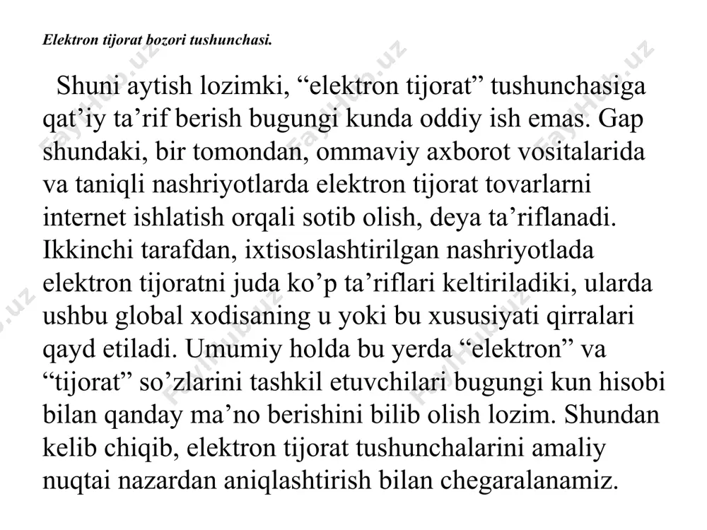xizmat ko’rsatadi. bu xizmat orqali taniqli, belgili sotuvchi web orqali bir qancha hewlett-packard kabi serverlarga ega bo’lgan. elektron tijoratda bu tizimlar o’z xizmat vasifasini oqlab chiqadi. biznesda internet texnologiyaning hozirgi turida web sayt elektron katalogida ish olib borish o’rinli. sababi elektron tijorat bu internet texnologiyasi yordamida pul topish. elektron aloqa savdosida bu uch yo’nalishda ko’rsatiladi: 1.aniq texnologiyali platformasini tanlash. 2. raqobat o’sishni beruvchi mahsulotni ishlab chiqish. 3. biznes-jarayon va kerakli infratuzilmani ishlab chiqish. bu metodlar kredit kartochkalari onlayn savdosini yuritadi. unda yangi ko’lamli instrument turlari: smart karta sonli pullar (digital cash), mikro ko’lamlar va elektron cheklari. hozirgi zamon talabiga mos rus aloqasida-oson eng foydali savdo loyihasi hisoblanadi. internet orqali kitob savdosi 40% o’sishni ko’rsatadi. bozorni tushunish. sizning yangi biznesingiz bo’ladimi yoki bir necha yildan beri ishlayapsizmi, ko’proq elektron tijorat savdosiga ega bo’ling. ko’pgina odamlar onlayn bozor va elektron tijorat veb-saytlari bir xil bo’lishi mumkin deb taxmin qilgan joylarda. garchi ikkalasi …