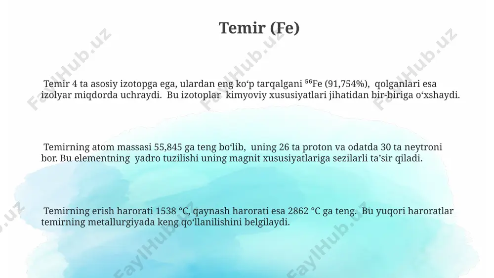 uhi elementlari, jumladan, platina (pt) va palladiy (pd) ba'zi dorilar tarkibida bo'lib, anti-saraton va boshqa terapevtik xususiyatlarga ega, ammo ularning biologik ta'sir mexanizmlari hali to'liq o'rganilmagan. viii b guruhi elementlari, masalan, temir (fe), kobalt (co) va nikel (ni), gemoglobin, mioglobin kabi muhim proteinlar tarkibiga kiradi va kislorod tashishi jarayonida ishtirok etadi, bu esa organizmning normal funksiyalarini ta'minlashda muhim rol o'ynaydi. e'tiboringiz uchun rahmat @taqdimot_robot image1.png