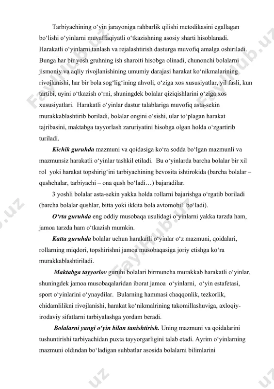 n iborat jamoa o‘yinlarni, o‘yin estafetasi, sport o‘yinlarini o‘ynaydilar. bularning hammasi chaqqonlik, tezkorlik, chidamlilikni rivojlanishi, harakat ko‘nikmalrining takomillashuviga, axloqiy-irodaviy sifatlarni tarbiyalashga yordam beradi. bolalarni yangi o‘yin bilan tanishtirish. uning mazmuni va qoidalarini tushuntirishi tarbiyachidan puxta tayyorgarligini talab etadi. ayrim o‘yinlarning mazmuni oldindan bo‘ladigan suhbatlar asosida bolalarni bilimlarini oydinlashtirish mumkin. ularning tasavvurlari aniqlashadi, o‘yin obrazlarga nisbatan munosabat tarkib topadi, asosiy xayol o‘sadi. o‘yinlarni tushuntirish ularning turlariga ko‘ra har-xil o‘tishi mumkin, biroq bu tadbir doimo emotsional jihatdan qizig‘arli, bolalarni quvnoq o‘yin faoliyatiga tayyorlaydigan, o‘yinni tezroq boshlash istagina tug‘diradigan va o‘yin topshiriqlarini ishtiyoq bilan bajarishga undaydigan bo‘lishi kerak. mazmunsiz o‘yinni tushuntirish qisqa, aniq va ifodali ohangda bo‘lishi lozim. tarbiyachi o‘yin harakat izchilligini tushuntiradi, bolalar va o‘yin atributlarining joylashish o‘rni (kichik va o‘rta guruhda buyumlarni mo‘ljallab, katta guruhlarda esa mo‘ljalga olmay ko‘rsatadi) fazo iborasidan foydalangan holda ko‘rsatadi va qoidalarni aniqlashtiradi. shundan so‘ng tarbiyachi bolalarga bir necha savollar beradi. o‘yinni qoidasi bolalarga tushunarli bo‘lsagina o‘yin …