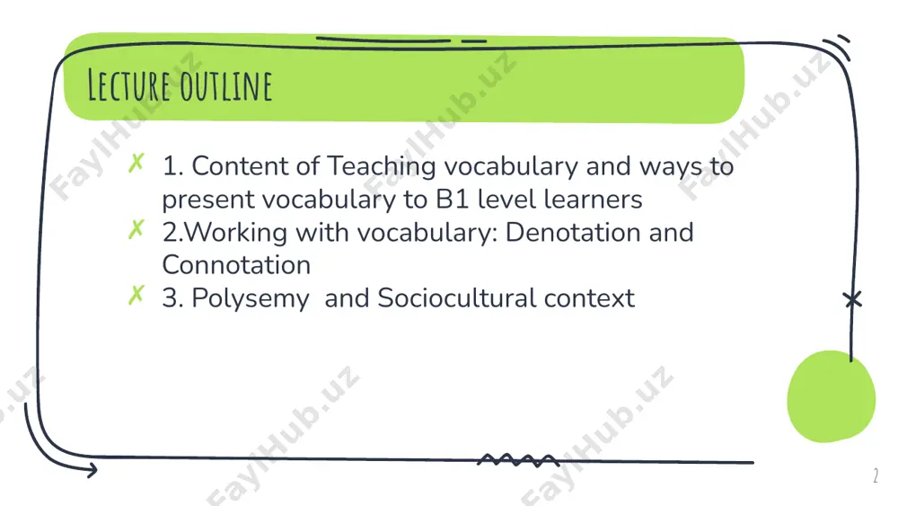 el, and current events. 8 lexical competence - word formation. - polysemy. - synonyms, antonyms and homonyms. - professional fixed expressions 9 lexical competence (ses) (b1) actively use the vocabulary of the profession; recognizes and uses common international and related words in their field; recognizes and understands the elements of word structure (compound words, prefixes, suffixes, word stems) within and outside their area of specialization. 10 the main stages of formation of the vocabulary skills (j.jalolov 2015) stage i - presentation of a new vocabulary. aim – to introduce a new word and convey the meaning of each word. stage ii – drilling. aim: to create/form the standard usage of a new word. stage iii – situational (communicative practice). aim – improvement of the vocabulary skills and developing of the pupils’ skills of using the vocabulary independently. 11 stage 1- presentation of a new vocabulary ways and techniques to convey …