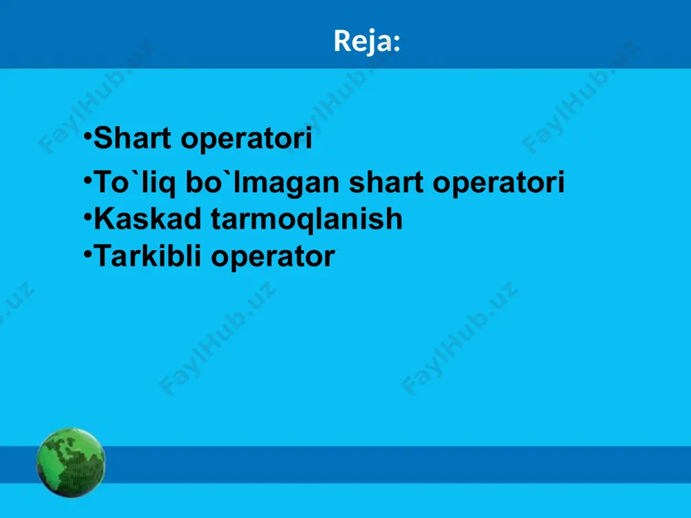 onda bir xil raqamlar mavjudmi; uch xonali son berilgan. shunday dastur yarating: savollar va topshiriq kirish qiymatlari misoli chiqish javoblari 123 yo`q 121 ha 222 ha ushbu son «teskari o`qiladigan», ya`ni o`ngdan chapga va chapdan o`ngga bir xil o`qiladi. uch xonali son berilgan. shunday dastur yarating: savollar va topshiriq kirish qiymatlari misoli chiqish javoblari 123 yo`q 121 teskari o`qiladigan 222 teskari o`qiladigan to'rtburchaklar koordinatalar tizimida ikkita nuqta berilgan. nuqtalardan qaysi biri koordinataga yaqinroq ekanligini aniqlash dasturini tuzing. savollar va topshiriq kirish qiymatlari misoli chiqish javoblari 1-chi nuqta koordinatori>>1, 2 2-chi nuqta koordinatori>>3, 4 birinchi nuqta yaqin uchta natural son berilgan. ushbu sonlarga mos tomonlarga ega uchburchak mavjduligni tekshiruvchi dastur yarating. agar bunday uchburchak mavjud bo`lsa, uning tipini aniqlang (teng tomonli, teng yonli, turli o`lchamli). savollar va topshiriq kirish qiymatlari misoli chiqish javoblari a b c>> 1 2 1 mavjud emas a b c>> 2 2 2 teng tomonli a b …