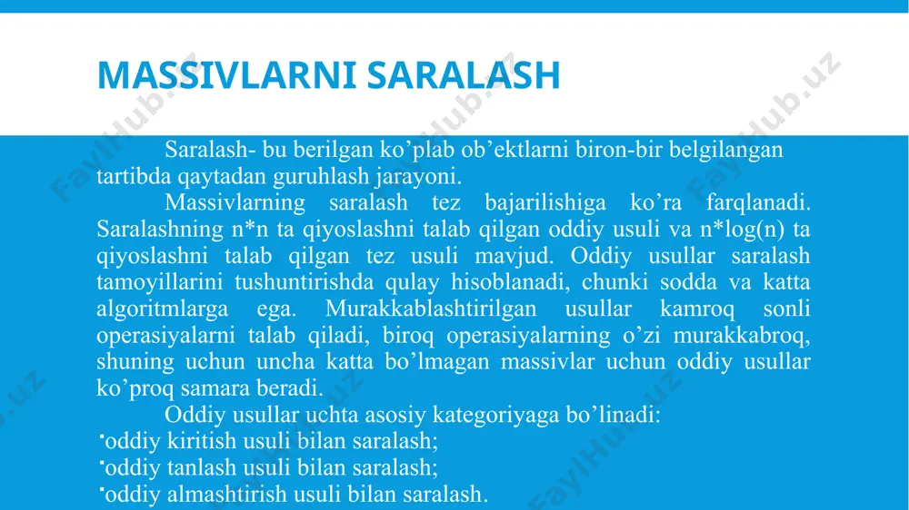 ilan takrorlanadi va h.k. oddiy almashtirish usuli bilan saralash elementlar juftlari oxirgisidan boshlab qiyoslanadi va o’rin almashinadi. natijada massivning eng kichik elementi uning eng chapki elementiga aylanadi. jarayon massivning qolgan elementlari bilan davom ettiriladi. ikkilik qidirish algoritmi etiboringiz uchun rahmat image2.gif image3.gif image4.gif image5.gif image6.png /docprops/thumbnail.jpeg