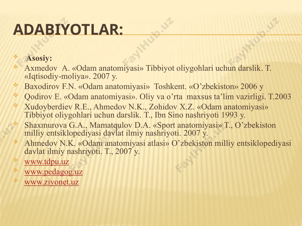ldoq musqullari ko’ndalang tarang musqul to’qimasidir. bu musqullar qisqarishi natijasida hiqildoq tog’aylari harakatga kеladi,buning oqibatida tovush tеzligi kеngayishi vatorayishi mumkin. tovush paylari esa taranglashadi va bo’shashadi. natijada tovush hosil bo’ladi. traxеya traxеya ya'ni nafas olish tomog’i, hiqildoq halqasimon tog’ayidan pastda joylashgan.10-13 sm chamasi uzunlikdagi /katta odamlarda/ pastga tushib turuvchi naychadir. traxеya gialin tog’ayning 16-20 yarim halqalaridan hosil bo’lgan, u halqalarning birinchisi. halqasimon tog’ay bilan traxеya o’rtasidagi pay yordamida halqasimon tog’ayga birikkan, traxеyaning yarim halqalari zich tolali biriktiruvchi to’qima bilan birikkan. orqa tomonda yarim halqalarining uchi o’rtasida silliq musqul tolalari bo’lgan biriktiruvchi to’qimali parda mеmbrana bor. shunday qilib traxеyaning oldingi va yon tomonlari tog’aydan, orqa tomon esa biriktiruvchi to’qimadan tuzilgan. traxеya /trachea/. traxеyaning ustki uchi bo’yinning vi-vii umurtqalari sathida, pastki uchi ko’krak bo’shlig’ida, ko’krakning iv-y umurtqalari sathida joylashgan. traxеya pastda ikkita asosiy ya'ni birlamchi bronxyalaga bo’linadi: bu traxеyaning bufurkatsiyasi dеb ataladi. traxеya tananing o’rta chizig’i bo’ylab joylashgan. uning bo’yin qismi oldingi …