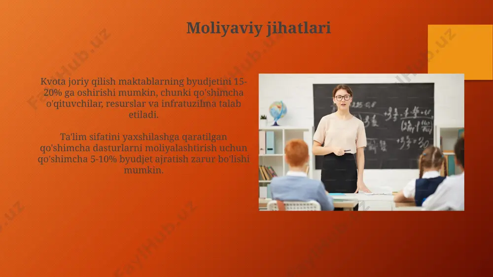 r kvotaning aniq miqdori va tarkibi mahalliy hokimiyat organlari tomonidan belgilanadi. o'quvchilarni kvotalashda, kamida 15% ijtimoiy himoyaga muhtoj oilalardan bo'lgan bolalar uchun o'rin ajratish, milliy ta'lim siyosati hujjatlarida ko'rsatilgan. ota-onalar bilan hamkorlik ota-onalar bilan samarali hamkorlikni ta’minlash uchun maktab 30 dan ortiq turli tadbirlar, jumladan, ochiq darslar va ota-ona uchrashuvlarini o’tkazdi. maktabning ota-onalar bilan olib borgan so’rovlari shuni ko'rsatdiki, 70% ota-onalar bolalarining uy vazifalarini bajarishiga yordam berishda qiyinchiliklarga duch kelishmoqda va qo'shimcha yordamga muhtoj. muammolarning oldini olish qabul qilishda gender tengligi kvotasini qo'llash, qizlarning ta'lim olish imkoniyatlarini 10% ga oshirib, jamiyatda gender tengligini ta'minlashga hissa qo'shadi. kvotaning joriy etilishi bilan o'quvchilarning 15% dan ortiqrog'i kam ta'minlangan oilalardan bo'lishiga erishiladi, bu ijtimoiy tengsizlikni kamaytirishga yordam beradi. e'tiboringiz uchun rahmat @taqdimot_robot image3.png image4.jpg image5.jpg image6.jpg image7.jpg image8.jpg image9.jpg image10.jpg image11.jpg image12.jpg image13.jpg image14.jpg image15.jpg image16.jpg image17.jpg image18.jpg image19.jpg image20.jpg image1.png