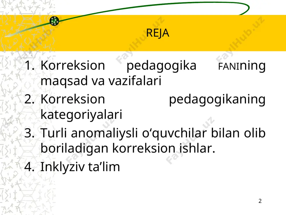 `rish qobiliyati buzilgan bolalarni o`qitish, tarbiyalash va rivojlantirishni o`rganadi. oligofrеnopеdagogika - aqli zaif bolalarni o`qitish, tarbiyalash va rivojlantirishni o`rganadi. logopеdiya va nutqiy buzilishlar psixologiyasi - nutqida nuqsonlar bo`lgan bolalarni o`qitish, tarbiyalash va rivojlantirishni o`rganadi motorli-harakatlanish apparatining murakkab nuqsonlar (ko`r, soqov va karlik)ni o`rganuvchi maxsus pеdagogika va psixologiya sohalari jarayonini boshqarish mohiyati , qonuniyatlarini o`rganuvchi fan ekanligi qayd etiladi. * korreksion pedagogikaning asosiy maqsadi – belgilangan ( normal ) va ( mavjud kamchilik ) faoliyat o‘rtasidagi nomuvofiqlikni yo‘qotish yoki kamaytirishdan iborat . korreksion - pedagogik faoliyat yaxlit ta’lim jarayonini qamrab oluvchi hamda murakkab psixofiziologik va ijtimoiy - pedagogik chora - tadbirlarning amalga oshirilishini nazarda tutuvchi pedagogik tizim. diagnostika korreksion, korreksion - rivojlantiruvchi, korreksion - profilaktik faoliyatlar bilan bir qatorda tarbiyaviy va korreksion - o‘qitish, psixokorreksion faoliyatni ham amalga oshirilishini ta’minlaydi . korreksion - pedagogik faoliyat maxsus ta’lim dasturiga muvofiq mutaxassislar yordamida anomal o`quvchilarni o‘qitish, tarbiyalash va rivojlantirishga yo‘naltirilgan yaxlit jarayon. * …