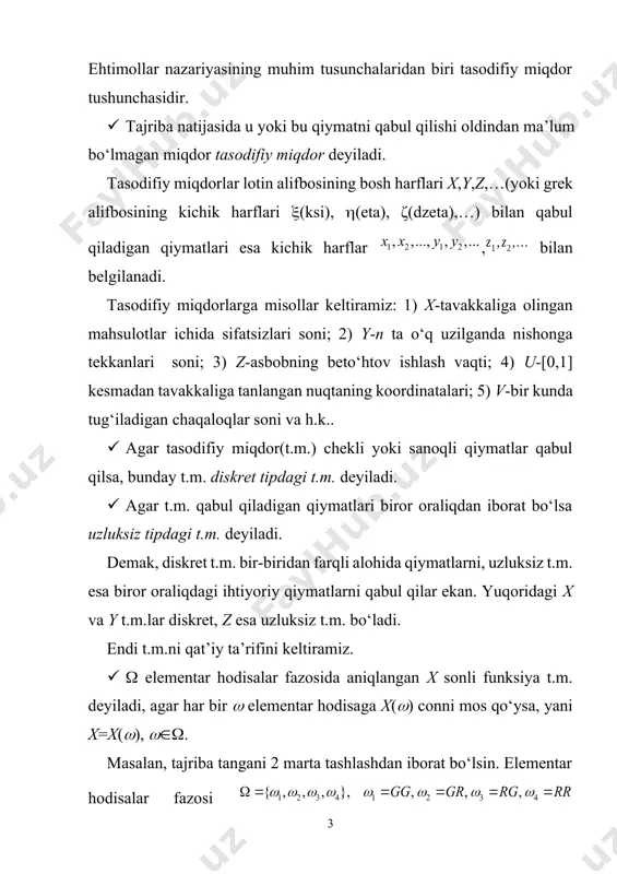 ar bilan qabul qilsin: x … … p … … jadval diskret t.m. taqsimot qonuni jadvali deyiladi. diskret t.m. taqsimot qonunini ko‘rinishda yozish ham qulay. hodisalar birgalikda bo‘lmaganligi uchun ular to‘la gruppani tashkil etadi va ularning ehtimolliklari yig‘indisi birga teng bo‘ladi, ya’ni . · x t.m. diskret t.m. deyiladi, agar chekli yoki sanoqli to‘plam bo‘lib, va tenglik o‘rinli bo‘lsa. · x va y diskret t.m.lar bog‘liqsiz deyiladi, agar va hodisalar da bog‘liqsiz bo‘lsa, ya’ni , 2.1-misol. 10 ta lotoreya biletida 2 tasi yutuqli bo‘lsa, tavakkaliga olingan 3 ta lotoreya biletlari ichida yutuqlilari soni x t.m.ning taqsimot qonunini toping. x t.m.ni qabul qilishi mumkin bo‘lgan qiymatlari . bu qiymatlarning mos ehtimolliklari esa . x t.m. taqsimot qonunini jadval ko‘rinishida yozamiz: x 0 1 2 p taqsimot funksiyasi va uning xossalari diskret va uzluksiz t.m.lar taqsimotlarini berishning universal usuli ularning taqsimot funksiyalarini berishdir. taqsimot funksiya f(x) orqali belgilanadi. · f(x) funksiya x …