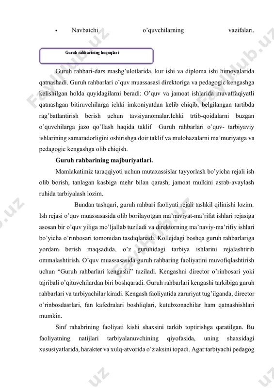 sifatida o’rganish 1. o’quvchilarning sinfda tarbiyalanishini tashkil etish 1. o’quvchilarning bili-tarbiyasini oshirish va ularning tartib-intizomini mustahkamlash. 1. sinfda darsdan tashqari ishlarni tashkil etish va o’tkazish 1. fan o’qituvchilarining tarbiyaviy ishlarini birlaashtirish. 1. o’quvchilarning ota-onalari bilan ishlash. 1. sinf rahbari fan o’qituvchilariga nisbatan ko’p qirrali ishlarni bajaradi. sinf rahbari o’quvchilarni tabiiy hayot va o’quv faoliyatida o’rganadi. avvalo, sinf rahbari o’ziga berkitilgan sinf o’quvchilarining ota-onalari va tevarak-atrofidagi kishilar bilan kirishadigan munosabatlarini o’rganishi juda muhim. hamda o’quvchilarni kundalik hayot tarzida va o’quv faoliyati davomida ham organish maqsadga muvofiq. albatta, sinf rahbari o’quvchilar shaxsini, ular xulq-atvorini, harakterini aniqlash, o’rganishda shu muassasa psixologi bilan hamkorlikda ish olib borishi lozim. bunda ota-ona, mahalla qo’mitalarining ham o’rni katta. sinf rahbaring o’quvchilarni o’rganish metodikasi. bolalarga tarbiyaviy ta’sir etish omillarini aniqlash o’quvchiga individual munosabatda bo’lish orqali tarbiyaviy ishlarrnii to’g’ri tashkil etish orqali o’quvchilarni tarbiyalashda o’quvchilarga ma’lum bir talablar qo’yish orqali sinf rahbari o’z o’quvchilarini bilmasa, u o’quvchilarga yondashishda, pedagogik …