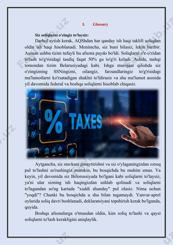 q soliq to'laydi (yagona soliqmi?). davlat solig'i - bu shtat bo'yicha 0% dan (texas va boshqa bir qator shtatlar) 13% gacha (kaliforniya) farq qiladi. ko'chirish uchun shtat tanlashda buni yodda saqlang! ammo, shu bilan birga, agar siz biron-bir narsani sotib olishni xohlasangiz, ko'chmas mulk solig'iga ham qarang. masalan, texasda ko'chmas mulk solig'i kaliforniyaga nisbatan bir necha baravar yuqori (ammo kaliforniyadagi ko'chmas mulk bir necha baravar qimmat). eshitgan edimki, florida soliqlarga nisbatan juda daromadli shtat. ko'rinib turibdiki, nafaqat iqlim tufayli, balki ko'plab amerikalik nafaqaxo'rlar u erga ko'chib ketishmoqda. ijtimoiy sug'urta solig'i - pensiya, nogironlar va ishsizlarga to'lanadigan soliq. ushbu soliq umumiy daromadning 6.2% ni tashkil qiladi, ish beruvchi ham xuddi shu foizni to'laydi. medicare - kam ta'minlanganlar va qariyalar uchun tibbiy xizmatdan olinadigan soliq. ushbu soliq 1.45% ni tashkil etadi, xuddi shu% siz uchun ish beruvchi tomonidan to'lanadi. aqsh iqtisodiyoti: aqsh iqtisodiyoti — oʻta yuqori darajadagi rivojlangan aralash iqtisodiyot[28][29][30]. amerika qoʻshma …