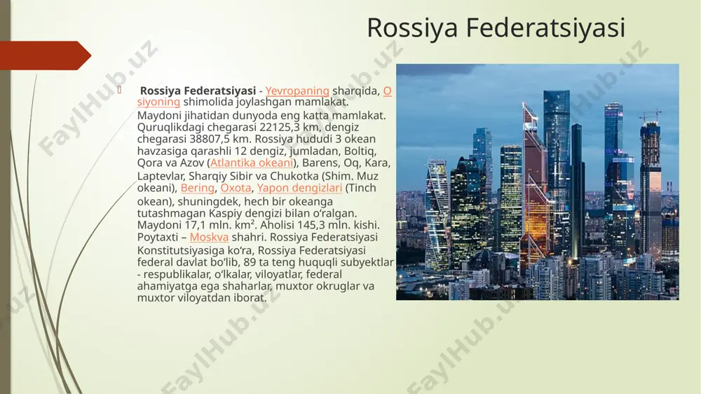 rlarning aksariyati xristianlar (asosan, pravoslavlar), qolganlari – musulmonlar, yahudolar, buddaviylar va boshqa yirik shaharlari: moskva, sankt-peterburg, nijniy novgorod, novosibirsk, samara, yekaterinburg va boshqa sanoati rossiya kumir, neft, tabiiy gaz qazib olishda, elektr energiya, mineral oʻgʻit, gazlama, poʻlat, prokat, sement ishlab chiqarishda dunyoda oldingi oʻrinlardan birida turadi. mamlakat eksporti va yoqilgʻienergetika balansida neft hamda tabiiy gazning ahamiyati katta. neftning koʻp qismi volgaboʻyiural regionida, gʻarbiy sibir, rossiya yevropa qismi shim., saxalin va boshqa joylarda qazib olinadi. neft xom ashyosining aksariyat qismi "lukoyl", "slavneft", "rosneft", "bashneftexim" kompaniyalarining korxonalarida kanta ishlanadi. rossiyada qazib olingan neftning 99,5% "transneft" birlashmasining magistral kuvurlari (jami uz. 48,5 ming km) orqali tashib beriladi. aniqlangan gaz zaxiralari boʻyicha rossiya dunyoda 1oʻrinda (32% dan koʻproq) turadi va dunyoda qazib olinayotgan gazning 30% ni taʼminlaydi. tabiiy gazning asosiy qismi yamalnenets muxtor okrugidagi urengoy, yamburg, zapolyarye, shuningdek, orenburg konlaridan olinadi. jami gazning 94% ni "gazprom" birlashmasi qazib chiqaradi. magistral gaz quvurlari uz. – …