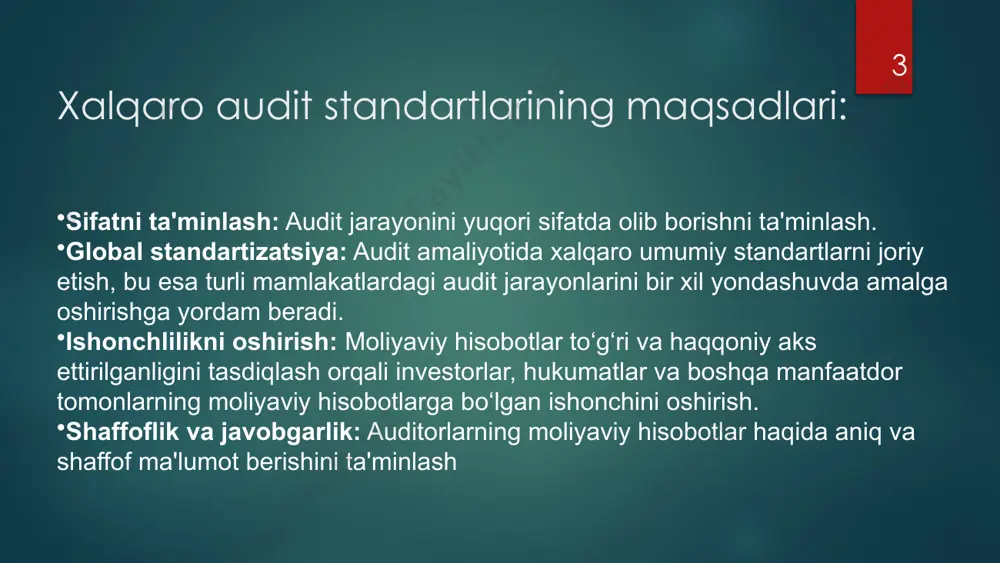 tartibini belgilaydi. isa 550 – o‘zboshimchalik va aloqador tomonlar bilan operatsiyalar: audit paytida korxonadagi aloqador tomonlar va ularga oid operatsiyalarni tekshirish usullarini belgilaydi. 5 5. audit jarayonini hujjatlashtirish va hisobot berish (audit documentation and reporting) audit jarayonida olingan natijalar asosida qanday hujjatlar va hisobotlarni tayyorlash lozimligi to‘g‘risida ko‘rsatmalar beriladi. isa 700 – moliyaviy hisobotlar bo‘yicha auditor xulosasi: auditor o‘z xulosasini qanday shakllantirish va uni qanday hujjatlashtirish kerakligini ko‘rsatadi. isa 701 – e’tibor qaratish zarur bo‘lgan muhim masalalar: moliyaviy hisobotlar bo‘yicha auditorlik xulosasiga qanday muhim masalalarni kiritish kerakligini belgilaydi. isa 705 – modifikatsiyalangan auditor xulosasi: agar auditor moliyaviy hisobotlarda xatolik yoki noto‘g‘ri ma’lumotlar topgan bo‘lsa, modifikatsiyalangan xulosani qanday tuzish kerakligini ko‘rsatadi. 6. davomiy faoliyat va audit jarayonining alohida jihatlari (going concern and other important aspects) isa 570 – davomiy faoliyat: korxonaning kelgusida faoliyatni davom ettirishi mumkinligiga nisbatan auditorning bahosini berish protseduralarini belgilaydi. . 6 xalqaro audit standartlari va milliy amaliyot ko‘plab …