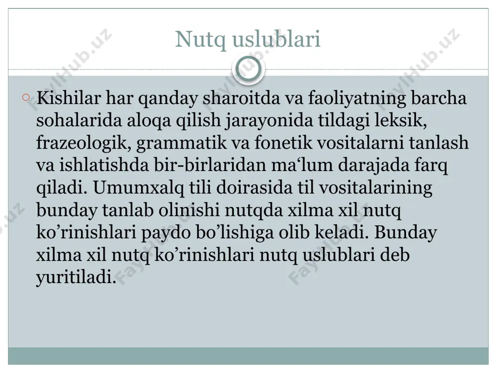 o’l hosil еtishtirish uchun fidokorona mеhnat qilishyapti. publisistik uslub namunalari badiiy uslub badiiy asarlar (nazm, nasr va dramatik asarlar) badiiy uslubda bo’ladi. badiiy asar kishiga ma'lumot berish bilan birga, timsollar (obrazlar) vositasida estеtik ta'sir ham ko’rsatadi: o’lkamizda fasllar kеlinchagi bo’lmish bahor o’z sеpini yoymoqda. badiiy uslubda qahramonlar nutqida oddiy nutq so’zlari, shеva, vulgarizmlardan ham foydalaniladi. badiiy asarlar uslubi aralash uslub hisoblanadi. unda so’zlashuv uslubiga, kitobiy uslublarga xos o’rinlar ham uchraydi. badiiy uslub namunalari foydalanilgan adabiyotlar: 1. r.qong’urov va b. nutq madaniyati va uslubiyot asoslari t. “o’qituvchi” 1992 2. a. g’ulom0v, b. qobilova nutq o’stirish mashg’ulotlari t. 1995 3. internet saytlari. e’tiboringiz uchun tashakkur image3.png image4.png image5.png image6.png image7.png image8.jpeg image9.jpeg image10.jpeg image11.png image12.jpeg image13.jpeg image14.jpeg image15.jpeg image16.jpeg image17.jpeg image18.png image19.jpeg image20.jpeg image21.jpeg