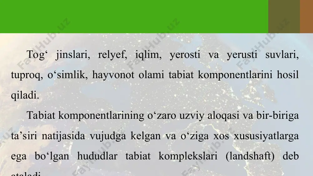 grafik o‘rniga, balandligiga, shamollarning yo‘nalishiga, okeanlardan uzoq yoki yaqinligiga bog‘liq bo‘ladi. tog‘ ekvatorga qancha yaqin va baland bo‘lsa, undagi tabiat komplekslari shuncha ko‘p bo‘ladi va almashinib keladi. okeanlarda tk o‘ziga xos xususiyatlarga ega bo‘lib, ular ko‘pincha suvning harorati, sho‘rligi, oqimlarning iliq yoki sovuqligiga bog‘liq. dunyo okeanida 11 ta tabiat mintaqasi ajratilgan: bitta ekvatorial, ikkitadan qutbiy, qutbyoni, mo‘tadil, subtropik va tropik mintaqalar kenglik bo‘ylab almashib joylashadi. insonning xo‘jalik faoliyati natijasida o‘zgartirilgan tk antropogen komplekslar yoki antropogen landshaftlar deb ataladi.