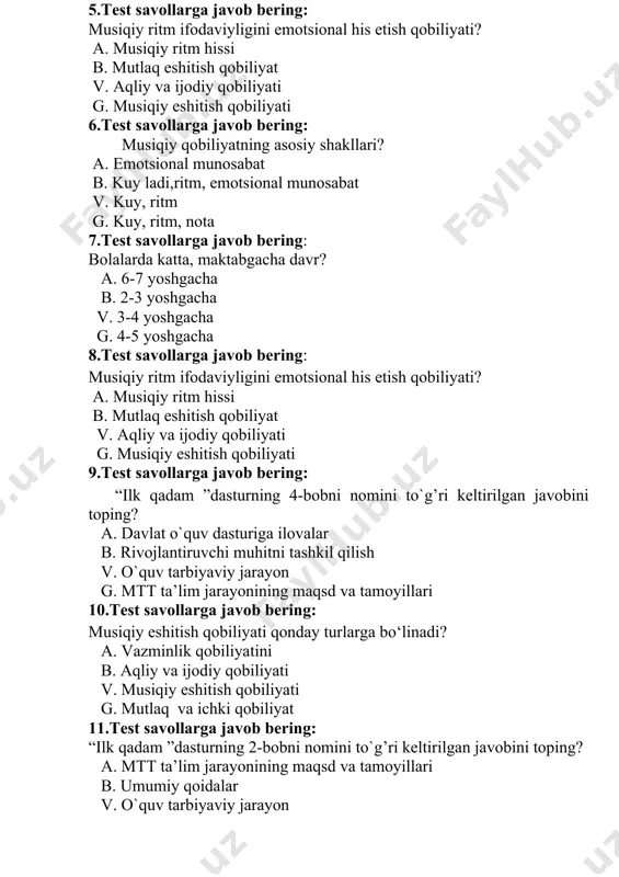 i nomini to`g’ri keltirilgan javobini toping? а. davlat o`quv dasturiga ilovalar b. rivojlantiruvchi muhitni tashkil qilish v. o`quv tarbiyaviy jarayon g. mtt ta’lim jarayonining maqsd va tamoyillari 10.test savollarga javob bering: musiqiy eshitish qobiliyati qonday turlarga bo‘linadi? а. vazminlik qobiliyatini b. aqliy va ijodiy qobiliyati v. musiqiy eshitish qobiliyati g. mutlaq va ichki qobiliyat 11.test savollarga javob bering: “ilk qadam ”dasturning 2-bobni nomini to`g’ri keltirilgan javobini toping? а. mtt ta’lim jarayonining maqsd va tamoyillari b. umumiy qoidalar v. o`quv tarbiyaviy jarayon g. davlat o`quv dasturiga ilovalar 12.test savollarga javob bering: bolalarda kichik maktabgacha davri? а. 4-5 yoshgacha b. 2-3 yoshgacha v. 3-7 yoshgacha g. 3-4 yosh 13.test savollarga javob bering: bolaning musiqiy qobiliyati rivojlanishi uchun nima zarur? а. qulay muhit b. musiqiy bilim v. musiqa kitobi g. iste’dodli ustoz 13.test savollarga javob bering: kichik guruhlar musiqiy-ritmik harakatlarni tashkillashtirishda bosh o‘rinni qanday qismiga ajratish lozim? а. o‘yinlarga b. qo‘shiq kuylashga v. …