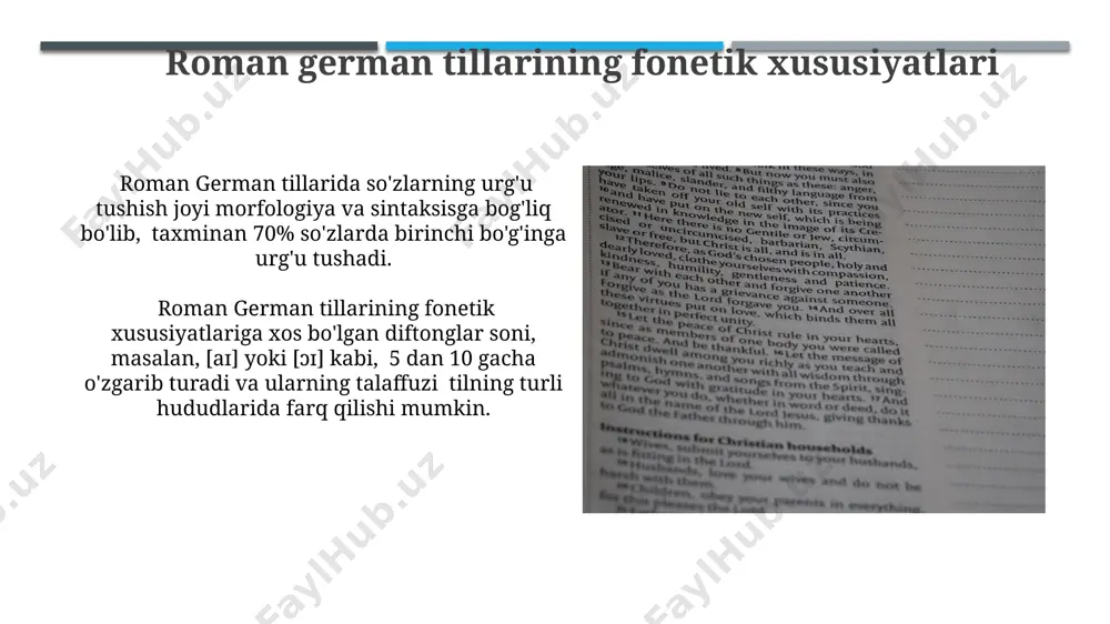 ega. roman german tillarining grammatik tuzilishi roman german tillarida otlarning 3 grammatik jinsga bo'linishi (erkak, ayol, o'rta) va ularning son va kelishik kategoriyalariga ega bo'lishi kabi umumiy xususiyatlar kuzatiladi, ammo har bir tilda bu kategoriyalarning ifodalanishi o'zgacha. roman german tillarining grammatik tuzilishi ikki tildagi fe'l sistemasining o'xshashligi bilan ajralib turadi, masalan, 3 shaxs birlikdagi fe'llar qo'shimchalari o'xshashliklarni namoyon qiladi, lekin istisnolar ham mavjud. roman german tillari oilasi: genetik tasnifi roman german tillari oilasining genetik tasnifi, filogenetik daraxtlar orqali taxminan 1000 yil oldin yagona ajdoddan kelib chiqqanligini ko'rsatadi, bu esa ularning o'zaro yaqin qarindoshligini tasdiqlaydi. roman german tillarining fonologik xususiyatlarini solishtirishda, taxminan 30 ta umumiy fonema mavjudligi aniqlangan bo'lib, bu ularning umumiy kelib chiqishi va o'zaro aloqasini ko'rsatadi. sharq tillari oilasi: genetik tasnifi шарқ тиллари оиласининг генетик таснифида 100 дан ортиқ тил ва шевалар мавжуд бўлиб, уларнинг аксарияти олтин ўрда даврига мансуб ёзма манбаларга эга. типологик таснифланишга кўра, шарқ тиллари оиласи …