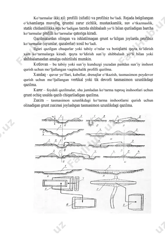 i sifatli to‘kish ishlarining majmui tushuniladi. gidrotexnika qurilishida tuproq ishlari quyidagilar bilan tavsiflanadi: 1) ommaviylik. bu xususiyat qurilish maydonchasi mexanizmlarga boy bo‘lgan sharoitda tuproq ishlari o‘ta faol va qizg‘in amalga oshirilishini belgilaydi; 2) ishlar frontining cheklanganligi. o‘yilgan joylar rejada murakkab shakl va xar xil chuqurlikka ega bo‘ladiki, bu ish joyini tashkil etish, gruntni qazish va tashish ishlarini qiyinlashtiradi; 3) mexanizatsiyalashtirish darajasining yuqoriligi (taxminan 98%); 4) geologik va gidrogeologik shart-sharoitlarning og‘irligi. bu shart- sharoitlar qazilmalar chuqurlashishi bilan o‘zgaradi, bu esa ishlar va mexanizatsiyani o‘zgartirishni taqozo etadi; 5) tuproqdan qurilayotgan inshootlarning sifatiga yuksak talablar qo‘yilishi; 6) ba’zan to‘siqlar ortida qazilmaga sizot suvlar muttasil oqib turgan sharoitda amalga oshirilishi. bu suv ancha qimmat turadigan suv chiqarish ishlarini amalga oshirishni talab qiladi; 7) joylashtirilishi; 8) tuproq massalarining muvozanatiga erishish zarurligi. 2. grunt inshootlarining asosiy turlari va elementlari. asosiy qurilish jarayonlari. barcha tuproq inshootlar qazilmalar va ko‘tarmalarga bo‘linadi. qazilmalarga er ostidagi sirtdan pastda joylashgan inshootlar …