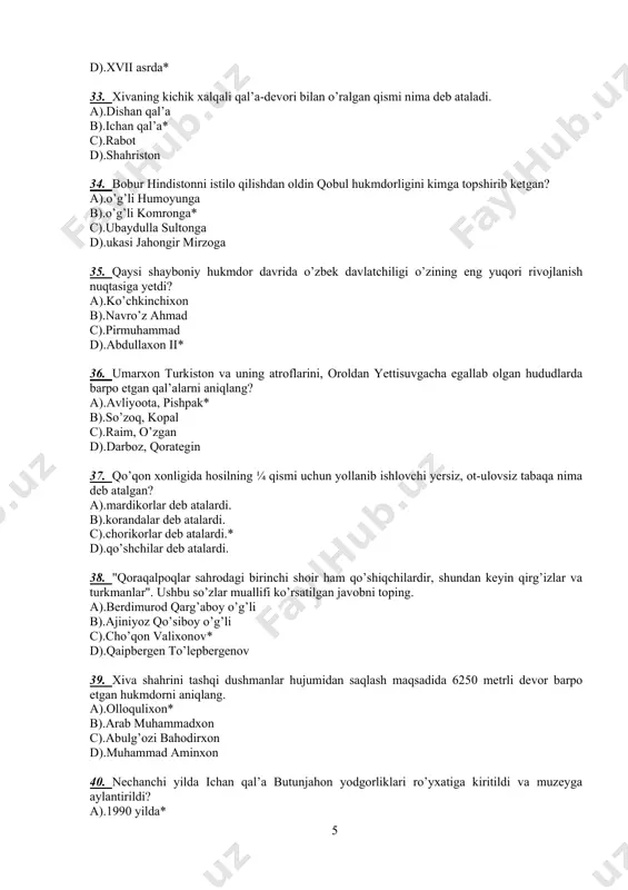 faligi 45. boburning qaysi asarida o’sha zamon soliq tizimi, soliq yig’ishning qonun qoidalari bayon etilgan? a)."mubayyin"* b)."turkiy devon" c)."boburnoma" d)."arkoni devon" 46. 1713 yilda astraxanga xiva xonligidan kim elchi bo’lib borgan? a).ernazar ma’sud b).xoja nafas* c).muhammad ali d).xoja xaydar 47. rus hukmdori aleksandr i ning taxtga chiqishi bilan tabriklab, besh bosh arg’umoq tortiq etgan hukmdorni aniqlang. a).olimxon b).muhammad rahimbiy c).elto’zarxon d).amir xaydar* 48. xvi asr boshlarida turkiy xalqlar tarkibiga qo’shilgan etnik guruhni aniqlang? a).qoraqalpoqlar b).tojiklar c).qarluqlar d).o’zbeklar* 49. quyidagi hukmdorlardan qaysi biri shunchalik kuchli va epchil bo’lganidan ikki qo’ltig’iga ikki odamni olib qal’a devori ustida yugurib mashq qilgan? a).yuliy sezar b).zahiriddin muhammad bobur* c).jaloliddin manguberdi d).imperator konstantin 50. 1507 yilda shayboniyxon qo’shinlari tomonidan qaysi shahar egallangan? a).urganch b).hirot* c).balx d).toshkent 51. xiva xonligida sug’orilgan yerlar nima deb atalgan? a).adra b).ax’ya* c).vaqf d).amlok 52. samarqanddan buxoroga davlat poytaxtini qaysi ko’chmanchi o’zbeklar hukmdori ko’chirgan? a).shayboniyxon b).ko’chkunchixon c).abu said d).ubaydullaxon* 53. xvi asrda …