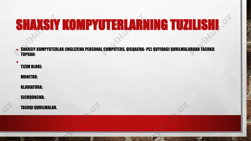 n-nurii (srt - cathode ray tube) va suyuq kristalli gidkokristallicheskoe yoki lcd - liquid crystal display) ko'rinishlari mavjud. garchand tashqi ko'rinishidan u televizorga o'xshab ketsada, ular bajaradigan ishlari bilan keskin farq qiladilar. monitorlar rangli va rangsiz bo'ladi. kompyuter tarqatadigan nur umuman aytganda zararli, shuning uchun ham bazi kompyuterlarda past radiatsiya boladi klaviatura va sichqoncha klaviatura va sichqoncha ma’lum ma’noda bir-birining o'rnini bosadigan, ma’lumotlarni kiritadigan va kompyuter bilan muloqot qilish vazifasini o'taydigan qurilmalardir. ularsiz kompyuterda ishlab bo'lmaydi. ular yordamida siz operatsion tizimga va uning boshqaruvi ostida ishlaydigan dasturiarga buyruqlar, shuningdek, bu qurilmalar yordamida dasturlarga kerak bo'lgan ma’lumotlar kiritiladi. klaviatura 101-105 asosiy klavishlardan tuzilgan. o'z vazifalariga ko'ra tugmalar beshta guruhga bo'linadi:1. harflar va sonlarni kiritadigan tugmalar, u oddiy yozuv mashinkalarning tugmalariga о xshaydi. boshqaruvga oid tugmalar. funktsional yoki amal tugmalar. sonlar kiritadigan tugmalar. maxsus belgilardan iborat tugmalar. eng katta guruh - birinchi guruh bo'lib, ular yordamida rus va lotinkatta-kichik harflari, sonlar, maxsus …