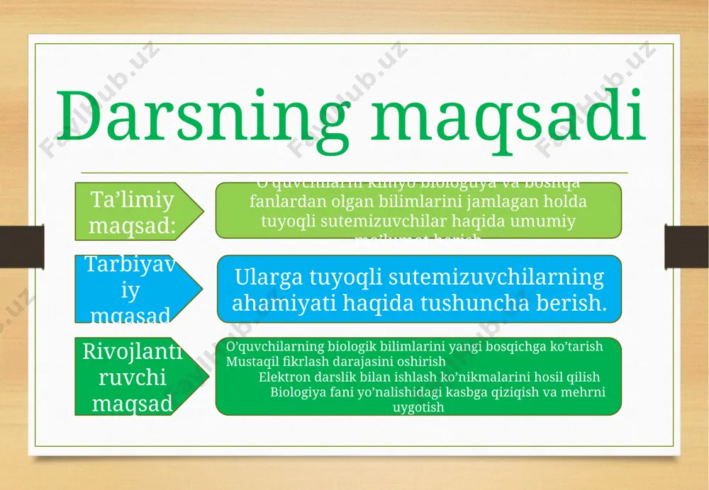 t poda bo’lib yashagan. u cho’l sharoitiga yaxshi moslashgan: rangi qo’ng’ir tusda bo’lganidan atrof muhitda ko’zga tashlanmaydi kavsh qaytarmaydigan juft tuyoqlilarning qoziq tishlari kuchli rivojlangan bo’lib, oshqozoni bo’limlarga bo’linmagan va bo’yin, oyoqlari, dumi kalta bo’ladi. ularga suv ayg’iri (begemot) va to’ng’iz (yovvoyi cho’chqa) kiradi. to’ng’iz ancha yirik hayvon;tanasining uzunligi 180 sm gacha, vazni 200-240 kg keladi. to’ng’iz yevropa va osiyo qit’asida tarqalgan; o’zbekistonda tog’li hududlarda va to’qaylarda uchraydi. begemot (gippopotam)-lot.(hippopotamus amfibius). tropic afrikada tarqalgan bo’lib, umrining ko’p qismini suvda o’tkazadi. tunda quruqlikka chiqadi. urg’ochilarining og’irligi 4 tonnaga yaqin bo’lib, fillardan keying o’rinda turadi. toq tuyoqlilar turkumiga ot, eshak, karkidon, tapir, zebra va qulon kiradi. u hayvonlarning oyog’ida bitta yoki uchta barmog’i bo’ladi, lekin faqat uchinchi barmog’i kuchli rivojlangan. oshqozoni sodda tuzilgan bo’lib, ko’richak o’simtasi uzun bo’ladi. tapir ot karkidon uyga vazifa 57-mavzuni o’qish, 112-113-114-rasmlarni chizish image7.jpg image8.jpg image9.jpg image10.jpg image11.jpg image12.jpg image13.jpg image14.jpg image15.jpg image16.jpg image17.jpg image18.jpg image19.jpg image20.png image3.png …