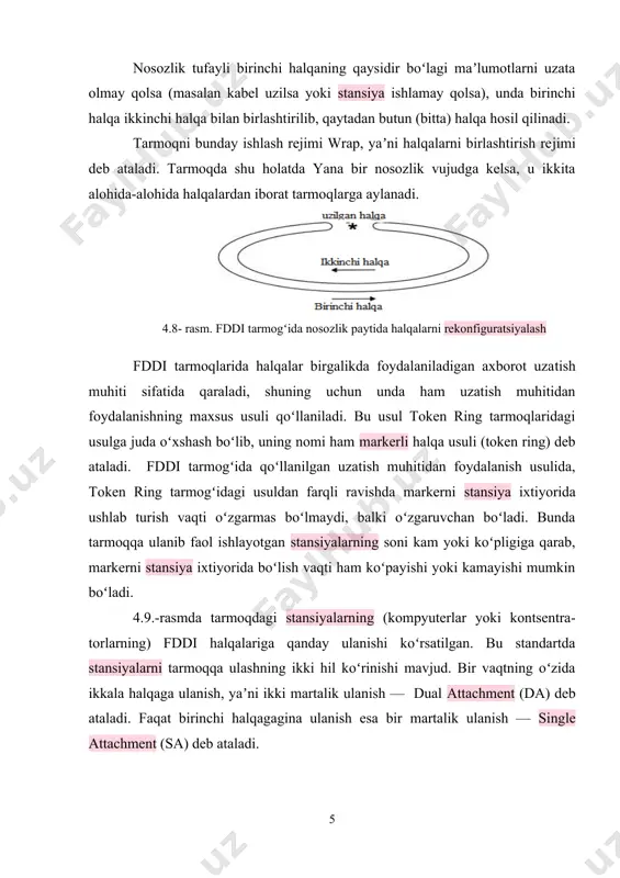 i hil koʻrinishi mavjud. bir vaqtning oʻzida ikkala halqaga ulanish, yaʼni ikki martalik ulanish — dual attachment (da) deb ataladi. faqat birinchi halqagagina ulanish esa bir martalik ulanish — single attachment (sa) deb ataladi. 4.9- rasm. stansiyalarni fddi halqalariga ulanishi. fddi standartida tarmoqqa oxirigi tugun sifatida stansiyalar (station), yaʼni kompyuterlar, hamda konsentratorlar (concentrator) ulanishi mumkin.stansiyalar ham, konsentratorlar ham tarmoqqa bir marta ham yoki ikki marta ham ulanish​lari mumkin. shunga qarab ular quyidagicha nomlanadilar: sas (single at​tachment station), das (dual attachment station), sac (single attachment con​centrator) i dac (dual attachment concentrator). bu tarmoqda ulagichlarning quyidagi xillari ishlatiladi. a va v tipidagi ulagichlar ikki marta ulanadigan qurilmalarda, m (master) va s (slave) ti​pidagi ulagichlar esa bir marta ulanadigan kompyuterlar va kontsentrator​larda ishlatiladi. fddi tarmogʻi nisbatan kattaroq tarmoqlarni magistral orqali bogʻlash va ularga yuqori tezlikda ishlaydigan serverlarni ulash uchun ishlab chiqarilgan edi. shuning uchun loyihachilar asosiy eʼtiborni maʼlumotlarni uzatish tezligini iloji boricha oshirishga …