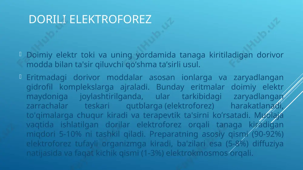 truyqu terapiyasi) va antinosiseptiv (transkranial elektroanalgeziya) tizimlariga ta'sir qilish usullarini o'z ichiga oladi. gipnogen markazlarga ta’sir qilganda, miya stvoli (gipotalamus, gipofiz, varoliyev ko’prigining ichki qismi, retikulyar formatsiya) impuls toklari ko'k-dog’ va retikulyar formatsiyaning aminergik neyronlar impulsiv faolligini pasaytiradi, bu miya yarim shariga yuqoriga ko’tariluvchi faoll ta'sirni kamaytiradi. shu bilan birga, impuls toklari dorsal chok yadrosi serotoninergik neyronlarini faollashtiradi. miyaning subkortikal tuzilmalaridagi serotonin darajasining oshishi tufayli shartli-refleksli faoliyat sustlashadi va hissiy faollik pasayadi, bemor uyqusiraydi, ba'zi hollarda esa uxlaydi. miyaning bioelektrik faolligining (a- va 0-to'lqinlar) kuchsiz-ritmlari bilan kiritilayotgan impulslarning takrorlanish chastotasi sinxronlanadi, bemorlarda ichki tormozlanish oshadi, og'riqli o’choqdan ko'tariluvchi sezuvchi tokni qabul qilish cheklanadi va surunkali og'riqda serotonin miqdori tiklanib, depressiyaning rivojlanishiga to'sqinlik qiladi. impuls toklarning miya stvoli (gipotalamus va adenogipofiz yadrolari) mezodiensefal strukturariga selektiv ta’siri, aktg, fsg, stg, mtg neyrosekretsiyasini kuchayishiga va bu esa endokrin bezlar faollashsishiga, po’stloq osti regulyatsiya markazlari, ichki organlar faoliyatining vegetative regulyatsiyasini tiklanishiga, adaptatsiya zaxiralari darajasining …