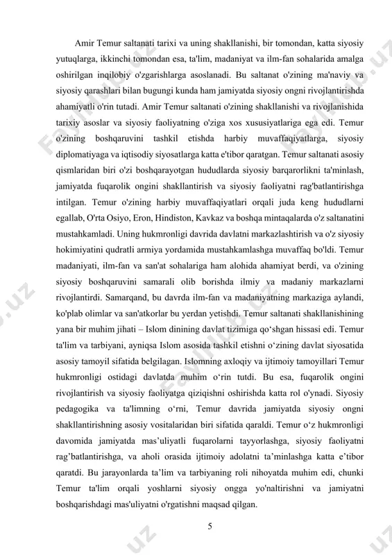 iyo, ayniqsa, hozirgi o‘zbekistonda tug‘ilgan va juda qisqa vaqt ichida keng hududlarni egallab, o‘zining kuchli saltanatini tashkil etgan. uning siyosiy faoliyati, boshqaruv uslublari va mamlakatni boshqarishdagi siyosiy tamoyillari bugungi kungacha o‘rganiladi. amir temur o‘z faoliyatini harbiy yurishlar, diplomatiya va davlatni markazlashtirishga asoslagan. uning siyosiy faoliyatidagi asosiy tamoyillardan biri – harbiy qudrat orqali siyosiy hokimiyatni mustahkamlash edi. temur, jangovar yutuqlari orqali katta hududlarni, jumladan, o‘rta osiyo, eron, kavkaz, hindiston va shimoliy hindistonni egalladi. u o‘zining qudratli armiyasi yordamida, o‘z davlati hududidagi qarshiliklarni bartaraf etdi va barqaror siyosiy boshqaruvni o‘rnatdi. bundan tashqari, temur davlatni markazlashtirish siyosatini amalga oshirdi. u davlatni bir markazdan boshqarishni, ya'ni qarorlar chiqarishda va siyosiy boshqaruvda markaziy hokimiyatni kuchaytirishni afzal ko‘rgan. uning siyosiy boshqaruvidagi bir qator muhim xususiyatlar, jumladan, aristokratiyaga qarshi kurashish, shaxsiy sodiqlikni rag‘batlantirish va davlat boshqaruvini samarali tashkil etish, temurning siyosatining mustahkamligi va uzoq davom etishini ta'minladi. amir temur siyosiy faoliyatida juda ko‘p ahamiyat bergan yana bir …