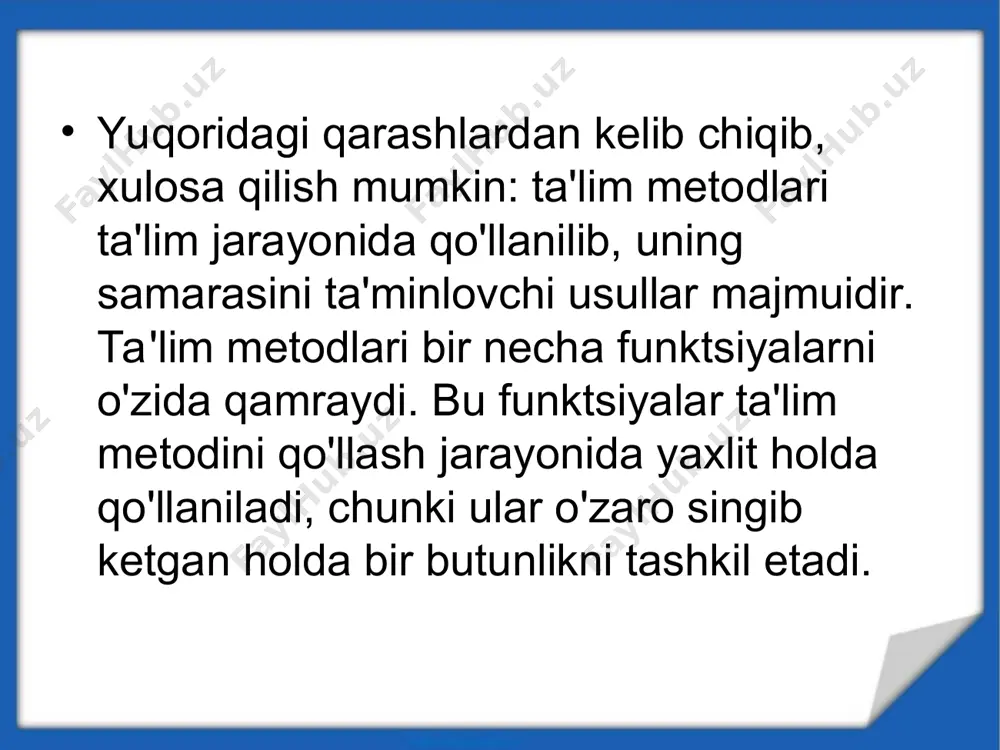 alini o'rganish yo'li fikr yuritishning didaktik materialistik usullarini, milliy istiqlol g'oyasiga asoslangan milliy qadriyatlarga asoslangan axloq, xulq-atvorning irodaviy sifatlarini shakllantirishga olib kelishi kerak. shu talab nuqtai nazaridan qaraganda, ta'lim metodi tarbiyalovchi xarakterda bo'lishi, ya'ni bilimlarni o'zlashtirishgagina emas, balki ta'limning tarbiyalovchilik imkoniyatlarini ishga solishga ham yordam berishi kerak. ta'lim metodi ilmiy dalillar bilan ravshan va aniq asoslangan bo'lishi lozim. ana shunda o'qituvchi, bu metod bilan ishlashda qanday vazifalarni qo'yib, hal qilish mumkinligini va qanday vazifalarni amalga oshirib bo'lmasligini ko'ra oladi. metodning ilmiyligi o'quvchilarning ravshan va aniq fikr yuritishini: materiallarni o'zlashtirish jarayonidagi dalil-isbot va muhokamalarning maqsadi, vositalari, usullari, asosiy va ikkinchi darajali natijalarni ham bildiradi. ta'lim metodlarining tizimliligi ularning samaradorlik darajasini belgilaydi. o'quv materialini o'rganishning har qanday alohida olingan usuli, garchi shu darsda qo'llanish uchun juda qulay bo'lsa ham, o'qitishning boshqa metodlari bilan birga qo'llanilmaganda o'quvchilar aqlining o'sishiga uncha ta'sir ko'rsatmasligi mumkin. ta'lim metodlari oldiga muqarrar suratda qo'yiladigan yana bir talab ularning …