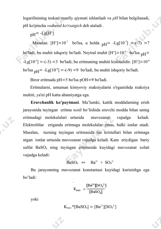 uhitga ega bo'ladi. agar, aksincha bo'lsa, eritmaning muhiti kislotali bo'lib qoladi. ba'zi tuzlar borki, umuman gidrolizlanmaydi va suv bilan reaksiyaga kirishmaydi. tuz ionlari bilan suv orasida bo'ladigan, odatda kuchsiz elektrolit (kuchsiz kislota, kuchsiz asos va asosli yoki kislotali tuz) hosil bo'lishiga olib keladigan o'zaro ta'sir tuzlar gidrolizi deb ataladi. gidroliz natijasida suvning dissosilanish muvozanati o'ng tomonga siljiydi: tuzlarning qanday tipda gidrolizlanishi ularni hosil qilgan kislota bilan asosning kuchiga bog'liq bo'ladi. 1. kuchsiz kislota va kuchli asosdan hosil bo'lgan tuz suvda gidrolizlanadi, eritma ishqoriy xossaga ega bo'ladi bu yerda na( suvning [oh-] ionlari bilan birikmaydi. nbuh kuchli elektrolit hosil bo'lishi kerak edi, lekin u eritmada hamisha ionlar holida bo'ladi. ammo tuzning asetat ioni suvning [h(] ionlari bilan birikadi. bu kuchsiz kislotadir u oz dissosilanadi. natijada eritmadagi [oh-] ionlari ionlaridan ortiq bo'lgani uchun eritma muhiti ishqoriy bo'ladi: ch3coona gidrolizining molekulyar tenglamasi : ionli tenglamasi bu tenglamalardan ortiqcha borligi, muhitning esa ishqoriy bo'lishi …