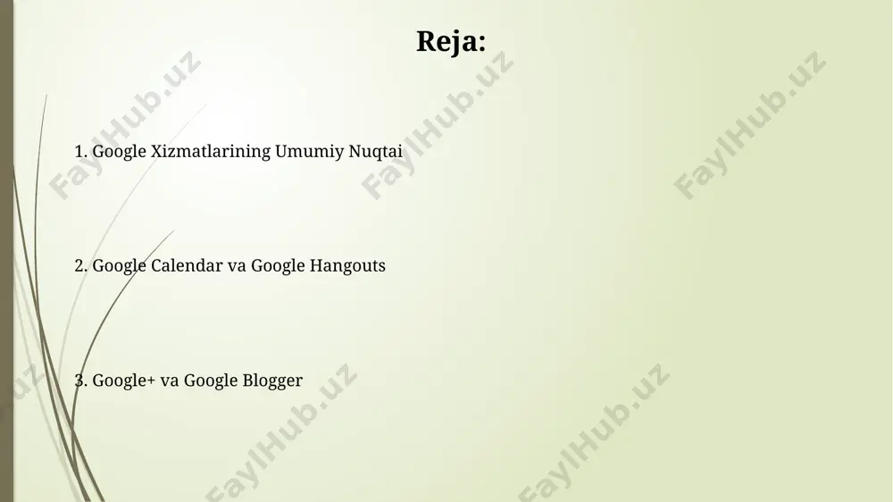 irlaringizni kuzatib borishingiz mumkin, bu esa sizga vaqtni samarali boshqarishga yordam beradi. google xizmatlarini integratsiyasi google+ sahifangizdagi yangiliklarni avtomatik ravishda google blogger blogingizga, hatto 5 daqiqadan kamroq vaqt ichida, joylashtirishingiz mumkin, bu esa vaqtni tejashga yordam beradi. google calendar’dagi tadbirlarni google hangouts orqali 100 dan ortiq ishtirokchi bilan, hatto toshkentdan uzoq joylashgan joylardan ham, onlayn rejimida o’tkazish imkoniyati mavjud. e'tiboringiz uchun rahmat @taqdimot_robot image1.jpg image2.jpg image3.jpg image4.jpg image5.jpg