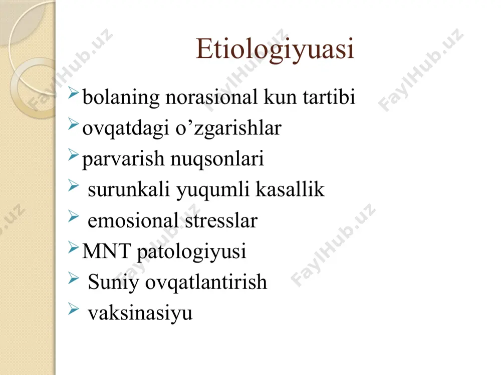 chiniqtirish, massaj va gimnastika, tabiiy ovqatlantirish va uni rasional kengaytirish, yo'ldosh kasalliklarni erta aniqlash va kompleks davolash (gipovitaminozlar, kamqonlik, yuqumli kasalliklar). profilaktik emlash individual jadval asosida olib boriladi. immunitetni stimullash uchun a, ye, v5, v6, v12, v15 vitaminlari, organizmning nospesifik himoya kuchini ko’taradigan dori vositalari (masalan, dibazol, pentoksil, metasil, nukleinat natriy), dorivor adaptogenlar (eleuterokokk damlamasi, jenshen), buyrak usti bezi glyukokortikoid funksiyasini stimulyatorlari (glisiram, etimizol, askorbin kislotasining katta dozasi) buyurtiriladi. profilaktika ayollarda homiladorlikgacha surunkali infeksiya o’choqlarini bartaraf qilish, homilaning to'g'ri rivojlanishini ta'minlash, uning rivojlanishdan orqada qolishini va gipoksiyani erta aniqlash, davolashni o’z ichiga oladi. nerv - artritik diatez - semizlik, qandli diabet, podagra va moddalar almashinuvi buzilishiga moyillik tug’diruvchi konstitusiya anomaliyasi bo’lib, organizmda asosan siydik kislotasi va purinlar almashinuvining buzilishi, kam miqdorda lipid va uglevod almashinuvi buzilishiga moyilligi bilan xarakterlanadi. nerv-artritik diatezning poligen irsiylanishi isbotlangan. klinik simptomlari bolalarda bir yoshdan keyin ishtaha yomon bo’lishiga, uyqu buzilishi ba'zida kechki enurez, xar qanday …