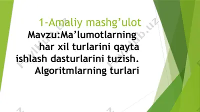 ma’lumotlarning har xil turlarini qayta ishlash dasturlarini tuzish. algoritmlarning turlari — PPTX