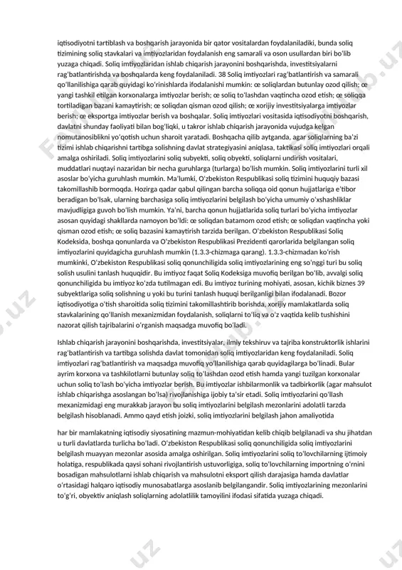 , alohida shaxslar va soliq to‘lovchilarning ayrim toifalarini soliq to‘lashdan ozod qilish, soliqqa tortish obyektidan ayrim elementlarni chiqarish, soliq stavkalarini pasaytirish, maqsadli soliq imtiyozlari, soliq kreditlari (soliqlarning undirilishini kechiktirish) va boshqalar soliq imtiyozlarining ko‘rinishlaridir (turlaridir). masalan, korxonalar foydasidan olinadigan soliq bo‘yicha imtiyozlar ishlab chiqarishni kengaytirish va uy-joy qurilishini rivojlantirish xarajatlarini moliyalashtirishni, tadbirkorlikning kichik shakllarini, nogironlar va pensionerlarning bandligini ta’minlashni, ijtimoiy, madaniy va tabiatni muhofaza qilish sohalarini rag‘batlantirishga qaratilgandir. individual xarakterga ega bo‘lgan imtiyozlarni berish, odatda, taqiqlanadi.4 36 1 yahyoyev q. soliq. t.: «mehnat», 1997-y. 20-bet. 2 o‘sha joyda. 3 gataulin sh. soliqlar va soliqqa tortish. t.: 1996-y. 74-bet. 4 malikov t. soliqqa tortishning dolzarb masalalari. t.: 2000-y. 76-bet. soliqlarning va ular bo‘yicha beriladigan imtiyozlarning mavjudligi doimo davlat vujudga kelishi bilan bog‘lanib kelingan. buyuk sohibqiron amir temur tuzuklarida ta’kidlanishicha «soliqlar davlatning iqtisodiy tayanchi va namoyon bo‘lishidir».1 agar, temur tuzuklarida berilgan soliqqa tortish tamoyillariga nazar tashlaydigan bo‘lsak, ularning asosini ham soliqqa tortishda …