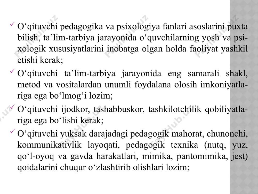 amda “kadrlar tayyorlash milliy dasturi” g‘oyala-rini amalga oshirish jarayonida o‘qituvchi kadrlar muhim rol o‘ynaydilar. komil inson hamda yetuk malakali mutaxassis-lar maxsus tashkil etilgan pedagogik faoliyat jarayonida tarbiyalanar ekan, ushbu jarayonda o‘qituvchilarning o‘rni beqiyosdir. shu bois ularning shaxsida bir qator ijobiy ma’-naviy-axloqiy sifatlar namoyon bo‘la olishi maqsadga muvofiqdir. e’tiboringiz uchun rahmat!!! image1.jpeg image2.png image3.png image4.png image5.png /docprops/thumbnail.jpeg
