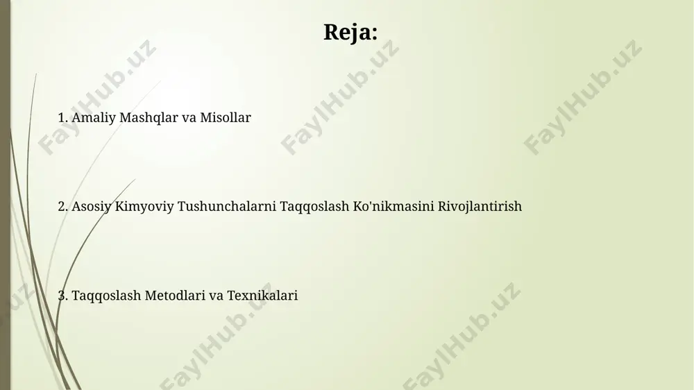 da (masalan, harorat, katalizator) taqqoslash orqali reaksiya tezligi va mahsulot hosil bo'lishining bog'liqligiga oid xulosalar chiqarish ko'nikmasini rivojlantirish mumkin. davriy jadval va kimyoviy xossalarni taqqoslash davriy jadvalning 1-18 guruhlari elementlarining valentlik elektronlari soni va ularning kimyoviy xossalari o'rtasidagi bog'liqlikni taqqoslash, kimyoviy reaksiyalarning mexanizmini tushunishga yordam beradi. davriy jadvalda joylashgan 20 ta elementning ionlash energiyasi va elektron manfiyligi qiymatlarini taqqoslash, ularning kimyoviy faolligi haqida xulosa chiqarish imkonini beradi. e'tiboringiz uchun rahmat @taqdimot_robot image1.jpg image2.jpg image3.jpg image4.jpg image5.jpg