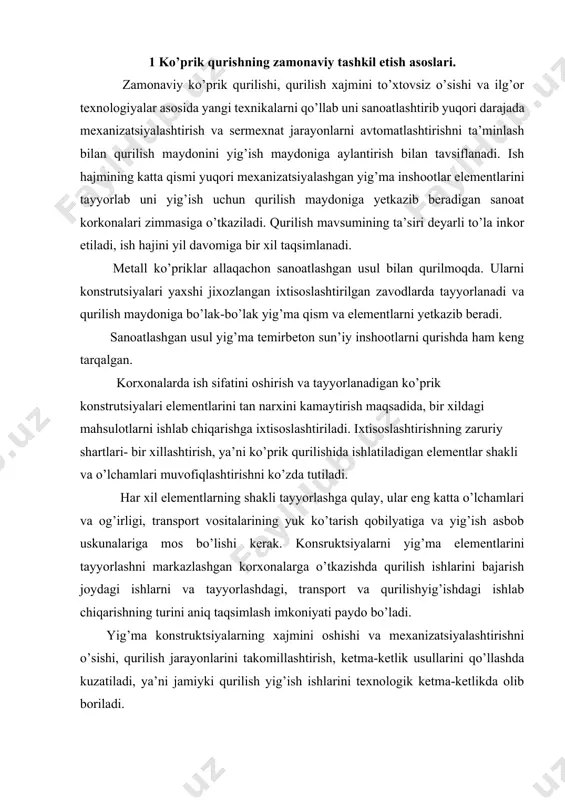 a qurilish ishlarini bajarish joydagi ishlarni va tayyorlashdagi, transport va qurilishyig’ishdagi ishlab chiqarishning turini aniq taqsimlash imkoniyati paydo bo’ladi. yig’ma konstruktsiyalarning xajmini oshishi va mexanizatsiyalashtirishni o’sishi, qurilish jarayonlarini takomillashtirish, ketma-ketlik usullarini qo’llashda kuzatiladi, ya’ni jamiyki qurilish yig’ish ishlarini texnologik ketma-ketlikda olib boriladi. shu bilan birga zavodda tayyorlangan qismlardan yig’iladigan inshootlarni yig’ishda asosiy sanoat usullarida qurish, qurilish-yig’ish ishlarini kompleks mexanizatsiyalashtirishda yuzaga keladi. kompleks mexanizatsiya deganda hamma texnologik jarayonlar operatsiyalarini bajarish, ishlash unumdorligi bir biri bilan bog’liq bo’lgan kompleks mashinalar va mexanizatsiyalashgan asboblar tushiuniladi. mashinalar tuzilmali va ularni to’plamda joylashtirish, mexanik operatsiyalarning ketmaketligini taminlash, ishlarni qisqa muddatlarda kam mehnat sarfi va arzon bajarilishini taminlash kerak. tizimdagi mashinalar turi va sonini asosiy ishlarning xajmidan kelib chiqib konstruktsiya elementlarini va qurilish materiallarini ombordan olib, inshootni ekspluatatsiyaga topshirish davrigacha bo’lgan vaqtdagi ishlab chiqarish oqimini to’liq tashkil qilish ko’zda tutiladi. mexanizmlar to’plami tuzilmasiga odatda yuklash-tushiirish ishlarini bajaruvchi kranlar, qoziq qoquvchi uskunalar, yig’ma konstruktsiya va qurilish materiallarini …