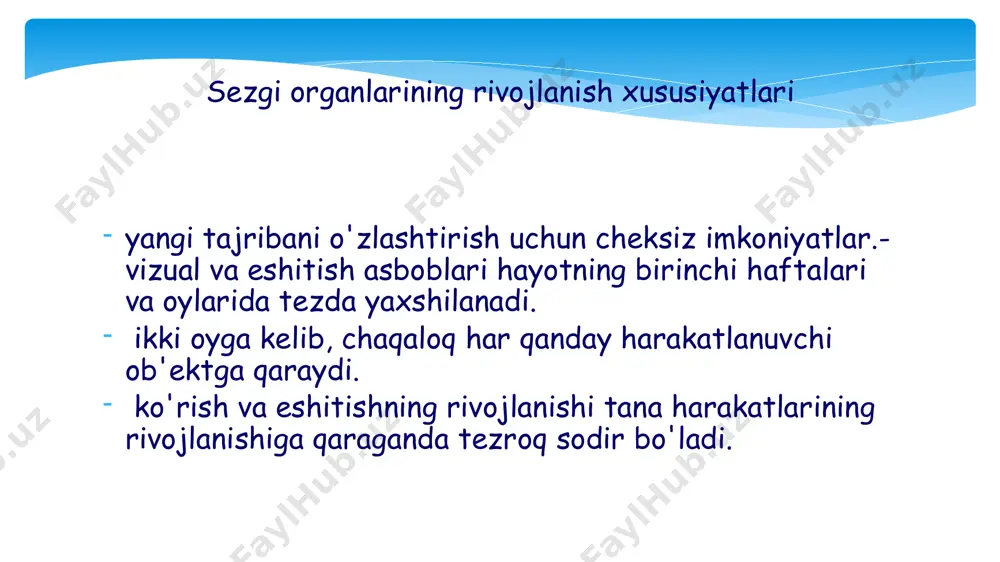 evimli o'yinchoqni olib yuradi kublarni erga tashlashi yoki ba'zi narsalarni silkitishi mumkin stakan va qoshiqni ushlab turadi 8 -oylik to'rt oyoq bilan emaklash - qo'llab-quvvatlamasdan oyoqqa turishni o'rganadi- o'z-o'zidan o'tirish - stol tortmalarini, javonlarni va shkaflarni bo'shatadi - keraksiz narsalarni qaytaradi- narsalarni bo'sh idishga solib, silkitadi- bosh v 9 -oylik kattalarning qo'lini ushlab, qisqa vaqtga arziydi - to'g'ri o'tiradi- oziq-ovqat bo'laklarini og'ziga solib, kattalar yordamida kosadan ichishga qodir - yashirin o'ynaydi - xursandchilik bilan uy tomoshabinlari oldida turli xil harakatlarni amalga oshiradi, agar u qarsaklar va kulgi bilan taqdirlansa 10 -oylik - ozgina yordam bilan qisqa vaqt turishi mumkin - mebel bo'ylab harakatlanadi- zinapoyalarga chiqish - kattalar yordamida yurish- - har bir qo'lida buyum kiyadi- harakatlarni taqlid qiladi, ularni eslab qoladi va keyinroq takrorlaydi 11 -oylik - tashqi yordamisiz yurish mumkin- bir vaqtning o'zida turli xil harakatlarni bajarish uchun ikkita qo'ldan foydalanadi yiqilgan narsalarni tushirish va ko'tarish orqali tajribalar - …