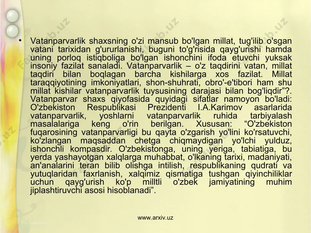 aqindan tanishtirish, ayni vaqtda respublika hududida turli millat va elat vakillarini birlashtiruvchi 138 ta milliy-madaiy markazlar faoliyat yuritayotgani to'g'risida ma'lumotlar berib, ular tomonidan uyushtirilayotgan tadbirlarga o'quvchilarni faol jalb etish ham ijobiy natijalarni beradi. www.arxiv.uz www.arxiv.uz yoshlarda vatanparvarlik tuyg'usini shakllantirishda harbiy vatanparvarlik tarbiyasining ham ahamiyati beqiyosdir. respublika “kamolot” yoshlar ijtimoiy harakati rahbarligida harbiy vatanparvarlik g'oyasini targ'ib etuvchi “vatanparvar” o'yinlari, musobaqalarining o'tkazilishi maqsadga muvofiqdir. o'quvchilarni ijtimoiy-g'oyaviy, ma'naviy-axloqiy, psixologik-irodaviy, jismoniy hamda harbiy-vatanparvarlik tarbiyasini tashkil etish ular tomonidan vatanni himoya qilish dek muqaddas burchni anglashlariga yordam beradi. harbiy vatanparvarlik tarbiyasi. harbiy vatanparvarlik tarbiyasi yoshlarni vatan himoyasi hamda harbiy mudofaaga tayyorlash, ularda favqulotda holatlarda harbiy mudofaani tashkil etish ko'nikma va malakalarini shakllantirishga yo'naltirilgan pedagogik jarayon. harbiy-vatanparvarlik tarbiyasini tashkil etishda ta'lim muassasalarida o'qitilishi yo'lga qo'yilgan boshlang'ich harbiy tayyorgarlik mashg'ulotlari muhim ahamiyatga ega. o'quvchilar o'rtasida bht (boshlang'ich harbiy ta'lim o'quv fani) bo'yicha o'zlashtirilgan nazariy va amaliy bilimlarni namoyish etish imkonini beruvchi musobaqaning tashkil etilishi bu borada ijobiy …