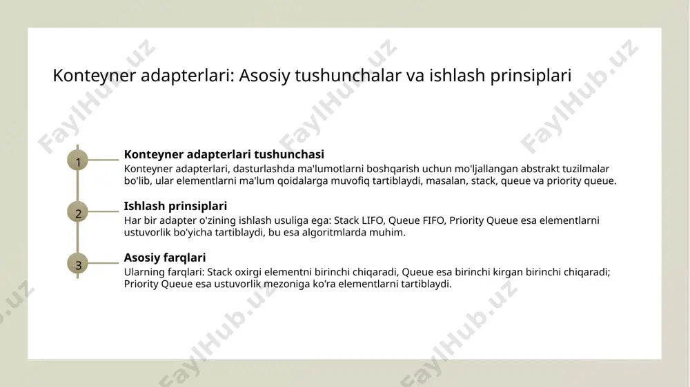 ifalarni boshqarishda qo’llaniladi. 3 ishlab chiqishdagi roli konteyner adapterlari algoritmlarda ma’lumotlarni tartib bilan boshqarishni ta’minlaydi. bu, dastur optimallashtirish, xatoliklarni kamaytirish va bajarilishini tezlashtirish uchun muhimdir. 4 muammo hal qilishda yordam katta ma’lumotlarni tez va samarali tarzda boshqarish uchun konteyner adapterlari muhim. masalan, vazifalar ro’yxatini tartibga solish yoki resurslarni prioritetga qarab taqsimlashda foydalaniladi. konteyner adapterlarini tanlashda e'tibor beriladigan omillar va o'ziga xos xususiyatlar maqsad va foydalanish shartlari ma'lumotlarning prioriteti xususiyatlar va optimallashtirish adapter tanlashda, dastur maqsadi va ma'lumotlarning qanday ishlatilishini hisobga olish muhim. masalan, stack tezkorlik va ma'lumotni ketma-ketlik bilan boshqarishga mos. priority queue uchun, elementlarning ustuvorligi muhim. bu adapterlar, vazifa yoki vazifalarga asoslangan holda, eng yuqori prioritetli elementlarni boshqaradi. har bir adapterning xususiyatlari va xatoliklarni oldini olish, samaradorlikni oshirish uchun muhim. to'g'ri tanlov, dastur xavfsizligi va ishlash tezligini yaxshilaydi. amaliy dasturlarda konteyner adapterlarini samarali qo'llash usullari 1 resurslarni optimallashtirish - konteyner adapterlari dasturlashda resurslarni samarali boshqarish uchun ishlatiladi. masalan, stack …