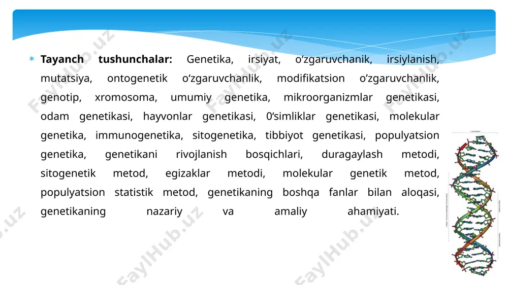 uzilishiga va uning ifodalanish (ekspressiya) darajasiga bogliq boladi. genotipdagi mutatsiyalar yoki o‘zgarishlar neytral bolib, aksariyat hollarda, organizmlar fenotipik o‘zgarishiga olib kelmaydi. biroq, genotipdagi genlar (ya’ni oqsil strukturasi o‘zgarishi bilan aloqador) o‘zgarishlar genotipni buzilishiga olib kelib, turli nuqsonlar keltirib chiqaradi. irsiyatning moddiy asosi bolib bolinish jarayonida qiz hujayralarga taqsimlanish xususiyatiga ega bolgan hujayra yadrosining maxsus tuzilmasi — xromosomalar hisoblanadi. xromosomalar asosiy genetik tuzilmalar bolib, avloddan-avlodga o‘tish jarayonlarini ta’minlash uchun barcha zarur irsiy axborotga ega. hujayra bo‘linish davrida xromosomalar aynan o‘ziga o‘xshash xromosomalarni hosil qiladi. xromosoma chiziqli tartibda joylashgan genlarning tuzilishi bo‘lib, irsiy axborotni saqlash va o‘tkazish funksiyasini bajaradi. genetikaning rivojlanish bosqichlari genetikaning fan sifatida shakllanishida sitologiya, embriologiya, biokimyo sohasida olib borilgan tadqiqotlar muhim ahamiyatga ega boladi. irsiyat va o‘zgaruvchanlik haqidagi fanning rivojlanishiga ch.darvinning turlarning kelib chiqishi haqidagi ta‘limoti katta hissa qo‘shdi. genetikaning fan sifatida vujudga kelishiga somatik va jinsiy hujayralarning xususiyatlarini o‘rganishdagi yutuqlar yordam berdi. genetikani mustaqil fan sifatida rasmiy tan …