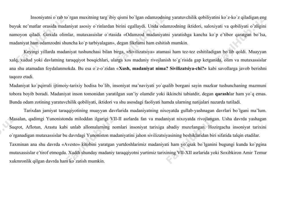 etish imkoniga tula-tukis ega bo`lishi mumkin. · millatning tili. mutaxassislarning xisob-kitoblariga qaraganda, dunyoda 2000 dan ortikrok tillar mavjud. kichik laxjalarni qo`shib xisoblansa, bu ko`rsatkich yanada ortadi. тil millatning ruxi, unga mansub kishilarning bir-biriga va dunyoga aytadigan so`zi; millatning utmishi va merosini ifoda qilish, maqsad va istaqlarini bayon etish uslubidir. хatto millat ishlatayotgan so`zlarni tahlil qilib ham, shu millatning tarixiy takdiri va uning o`ziga xos xususiyatlari to`g`risida xulosa chigarish mumkin. · millatga mansub kishilarning ma’naviyati, axloqi va nafosati. jahon millatni ana shu jixatlar orqali taniydi, baholaydi. kishilar o`zaro munosabatga kirishayotganida ham millatning mentaliteti, axloqiy va ma’naviy xususiyatlarini xisobga oladi. biror kishi bilan munosabatga kirishilayotganida ana shu xususiyatlar xisobga olingani kabi, xalqaro munosabatlarning ham ma’naviyat bilan bog`liq yozilmagan qonunlari, aytilmaydigan qoidalari bor. goxida madaniyat deyilganida, aynan ana shunday aytilmaydigan va yozilmaydigan qonuniyatlar nazarda tutiladi. · urf-odatlar, an’analar. o`z urf-odat va an’analarga ega bo`lmagan millat yo`q. ma’naviy hayotning mana shu jixatlari orqali millatning …