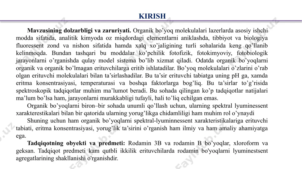 i: kam qutbli ikkilik erituvchilarda rodamin bo'yoqlarni lyuminestsent agregatlarining shakllanishi o’rganish. tadqiqot vazifasi. spektral-lyuminessent usul bilan: rodamin 3b va rodamin b bo’yoqlarini xloroform eritmasini yutilish va fluoressensiya spektrlariga konsentrasiyaga qarab o’zgarishini o’rganish. rodamin 3b va rodamin b bo’yoqlarini xloroform+geksan erituvchilarda lyuminestsent agregatlarining shakllanishi o'rganishdir i–bob. nazariy qism. §1.1. yutilish va lyuminessensiya xodisalari umumiy ma’lumot. molekulalarning valent elektronlari uyg’ongan holatga otishi natijasida ultrabinafsha va ko’rish sohasida yutish sodir bo’ladi. molekulaning erituvchi molekulasi bilan ta’sirlashishi natijasida asosiy va uyg’ongan holatlar energetik sathlarning siljishi har xil bo’ladi. . har xil erituvchilarda molekulaning yutish spektrining siljishini o’lchab uyg’otilgan molekula elektron strukturasi to’g’risida ma’lumot olish mumkin. yutuvchi moddaga tushuvchi j0 va undan o’tgan yorug’lik oqimlarining intensivligi j lar orasidagi bog’lanish buger (1729 y.) va lambert (1760 y.) tomonidan aniqlangan bo’lib, buger–lambert qonuni deb yuritiladi. bu qonunga ko’ra, bir jinsli moddaning teng qalinlikdagi qatlami tushayotgan yorug’lik oqimining teng hissalarini yutadi. qonunning matematik ifodasi quyidagi ko’rinishga ega: …