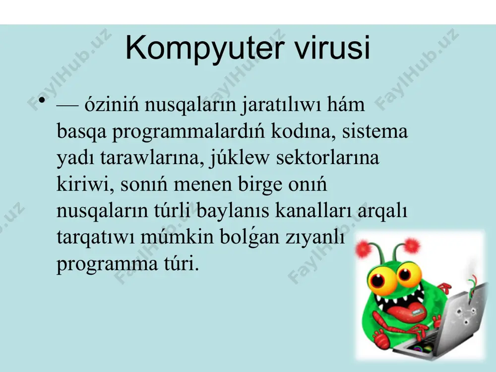 dıń qısqarıwı, grafik hám dawıs effektleri) qáwipli (viruslardıń aqıbetleri - kompyuterdiń islewi waqtında islemey qalıwı hám muzlawı ) júdá qáwipli (viruslarning oqibatlari - dasturlar va ma'lumotlarning yo'qolishi, qattiq diskni formatlash va boshqalar). образец текста второй уровень третий уровень четвертый уровень пятый уровень viruslar klassifikaciyasí turar jeri boyınsha boot file makroviruslar script viruslari образец текста второй уровень третий уровень четвертый уровень пятый уровень júklew virusları júklew virusları floppi yamasa qattı disktıń júklew sektorın juqtıradi. disklardı juqtırganda, júklew virusları sistema júklengende basqarıwdı qabıl etetuǵın programma ornına óz kodın " almastıradi" hám basqarıwdı túp jukleytuǵın kodına emes, bálki virus kodına beredi профилактическая защита от таких вирусов состоит в отказе загрузки операционной системы с гибких дисков и установке в bios компьютера защиты загрузочного сектора от изменений. 1986 jılda birinshi júklew virusı epidemiyası baslandı. kórinbes virus " mıy " floppi disklardıń júklew sektorın " infektsiyalangan". infektsiyalanǵan júklew sektorın anıqlawǵa urınayotganda, virus óziniń infektsiyalanbaǵan túp nusqasın …