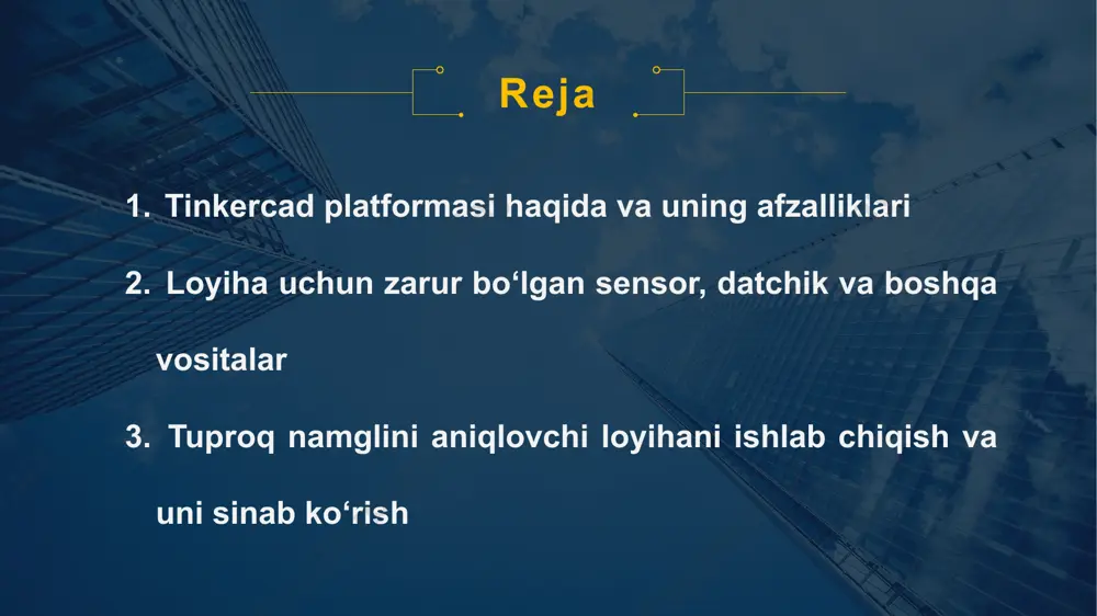 lanishini boshqarishga yordam beradigan mentorlik vositalari 6 afzalliklari veb-ga asoslangan bepul 3d dizayn va modellashtirish vositasi 39+ bosqichma-bosqich darslar va qo'llanmalar asbob uskunadan uzoqroq foydalanishga yordam beradigan qo'shimcha dizaynlar va resurslar talabalarning foydalanishini boshqarishga yordam beradigan mentorlik vositalari 7 02 loyiha uchun zarur bo‘lgan sensor, datchik va boshqa vositalar 8 arduino uno rev3 platasi mikrokontroller atmega328 rezistor, npn transistor led red , led green dc motor potentiometr 10k lcd 16 x 2 soil moisture sensor (tuproq namlik sensor) water pump (suv nasosi) qurilmalar individual loyiha uchun kerak bo‘ladigan uskuna va jihozlar : 9 arduino arduino uno r3 kerakli uskunalar mikrokontroller atmega328 lcd dsipley 16x2 11 kerakli uskunalar tuproq namlik sensori rezistor 12 03 tuproq namglini aniqlovchi loyihani ishlab chiqish va uni sinab ko‘rish subtitle title men ushbu loyihani afzalliklari ko’p bo’lgan tinkercad platformasida loyihani ishlab chiqaman. subtitle title 17 e’tiboringiz rahmat ! image2.png image7.jpeg image4.png image8.jpeg image5.png image9.jpeg image6.png image10.jpeg …