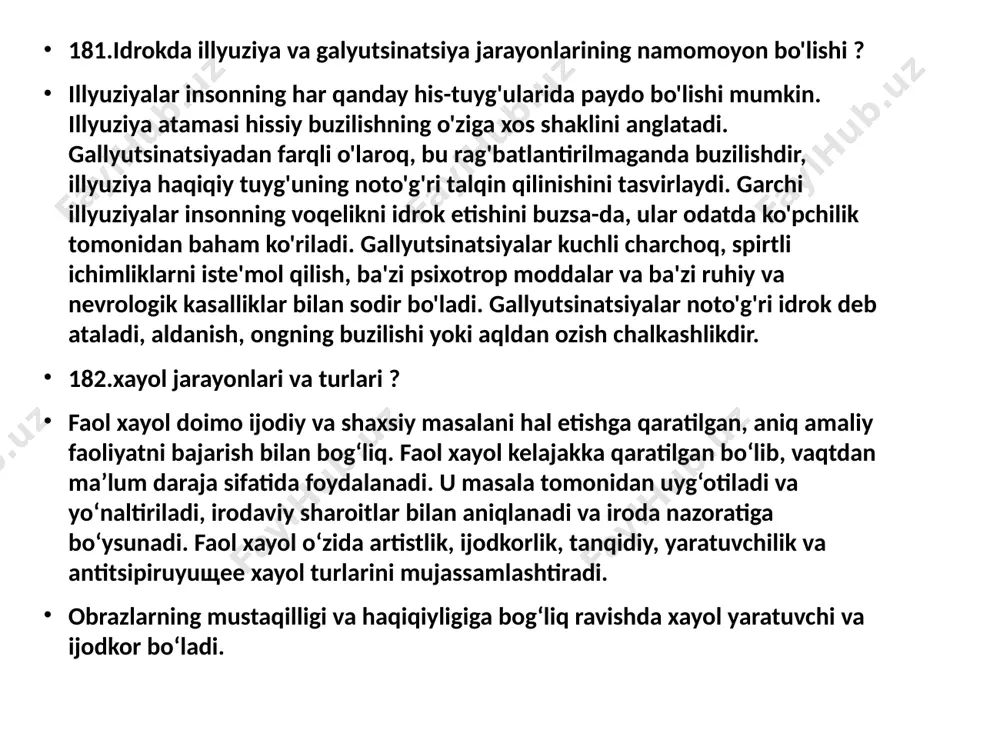 ar bilan aniqlanadi va iroda nazoratiga bo‘ysunadi. faol xayol o‘zida artistlik, ijodkorlik, tanqidiy, yaratuvchilik va antitsipiruyuщee xayol turlarini mujassamlashtiradi. obrazlarning mustaqilligi va haqiqiyligiga bog‘liq ravishda xayol yaratuvchi va ijodkor bo‘ladi. yaratuvchi xayol – bu ma’lum inson uchun biror yangilikni so‘z orqali ta’riflash yoki uni shartli ravishda aks ettirish (chizma, notali yozuv va boshqalar) ga tayangan holda tasavvur qilish. xayolning bu turi insonning turli xil faoliyatida, shu bilan birga, ta’limda ham keng qo‘llaniladi. xuddi shunday, yaratuvchi xayol ishchiga mehnat operatsiyalarini chizmalar bo‘yicha bajarishga yordam beradi. ijodiy xayol – bu yangi obrazlarni tayyor ta’riflar yoki shartli tasvirlarga tayanmagan holda yaratish. xayolning bu turi davomida inson mustaqil holda boshqa odamlar yoki jamiyat uchun qadrli bo‘lgan, faoliyatning aniq o‘ziga xos mahsulotida gavdalangan yangi obraz va g‘oyalar yaratadi. ijodiy xayol inson ijodiy faoliyati barcha turlarining tarkibiy qismi asosi bo‘lib hisoblanadi. antitsipatsiyaviy xayol insonning juda muhim va zarur qobiliyati – kelajakdagi voqealarni oldindan sezish, harakatlarining natijasini …